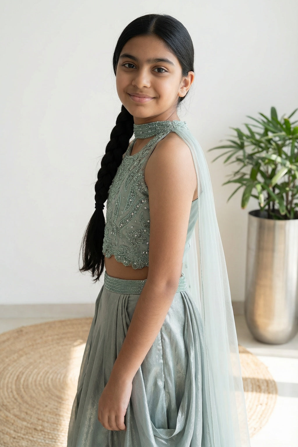 Frost Blue Embroidered Crop Top & Draped Lehenga Set for Girls - Mokshaa