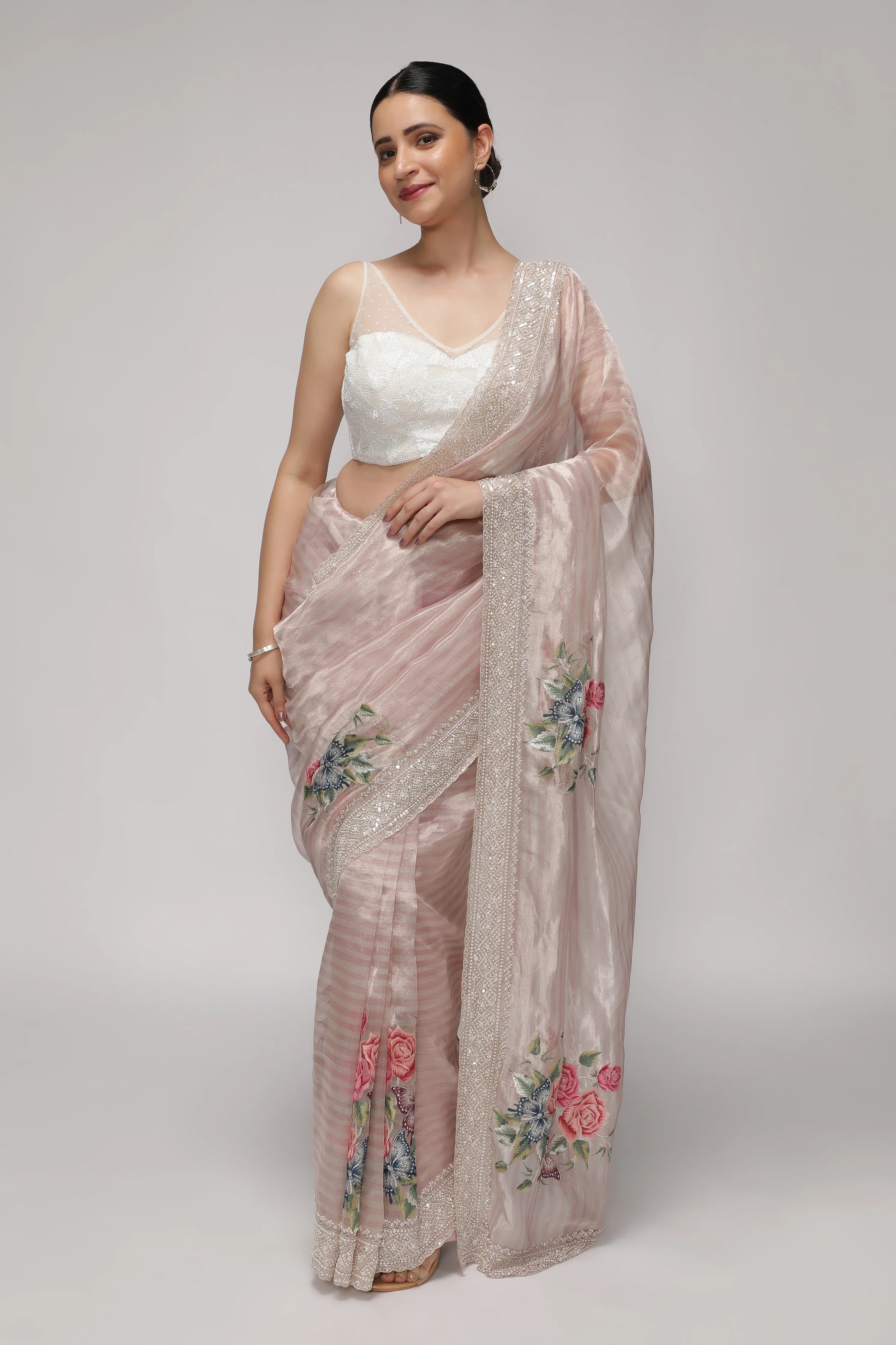 Shaded Peach Tissue Saree with Multithread Embroidery and Sequins Border | Mokshaa