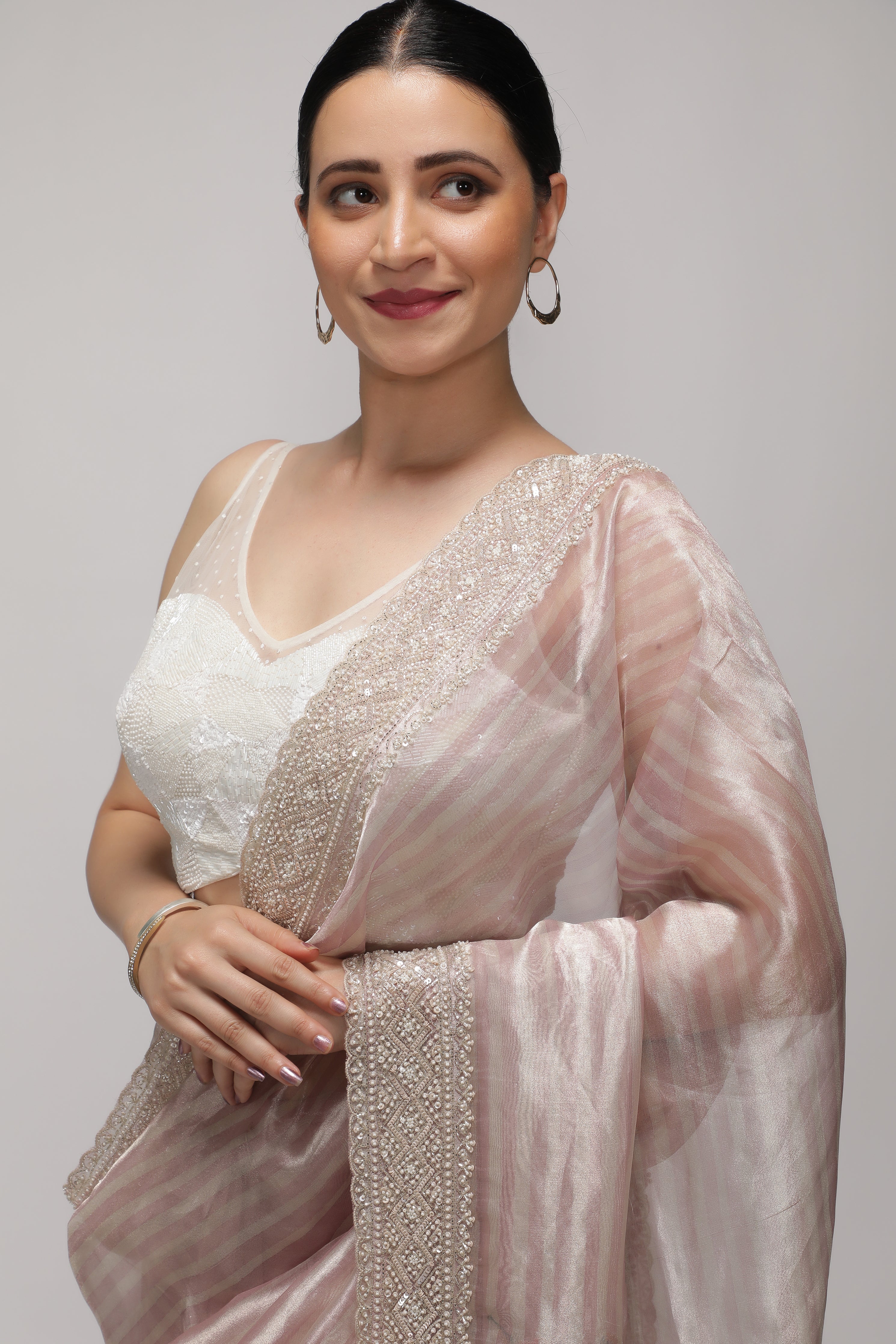 Shaded Peach Tissue Saree with Multithread Embroidery and Sequins Border