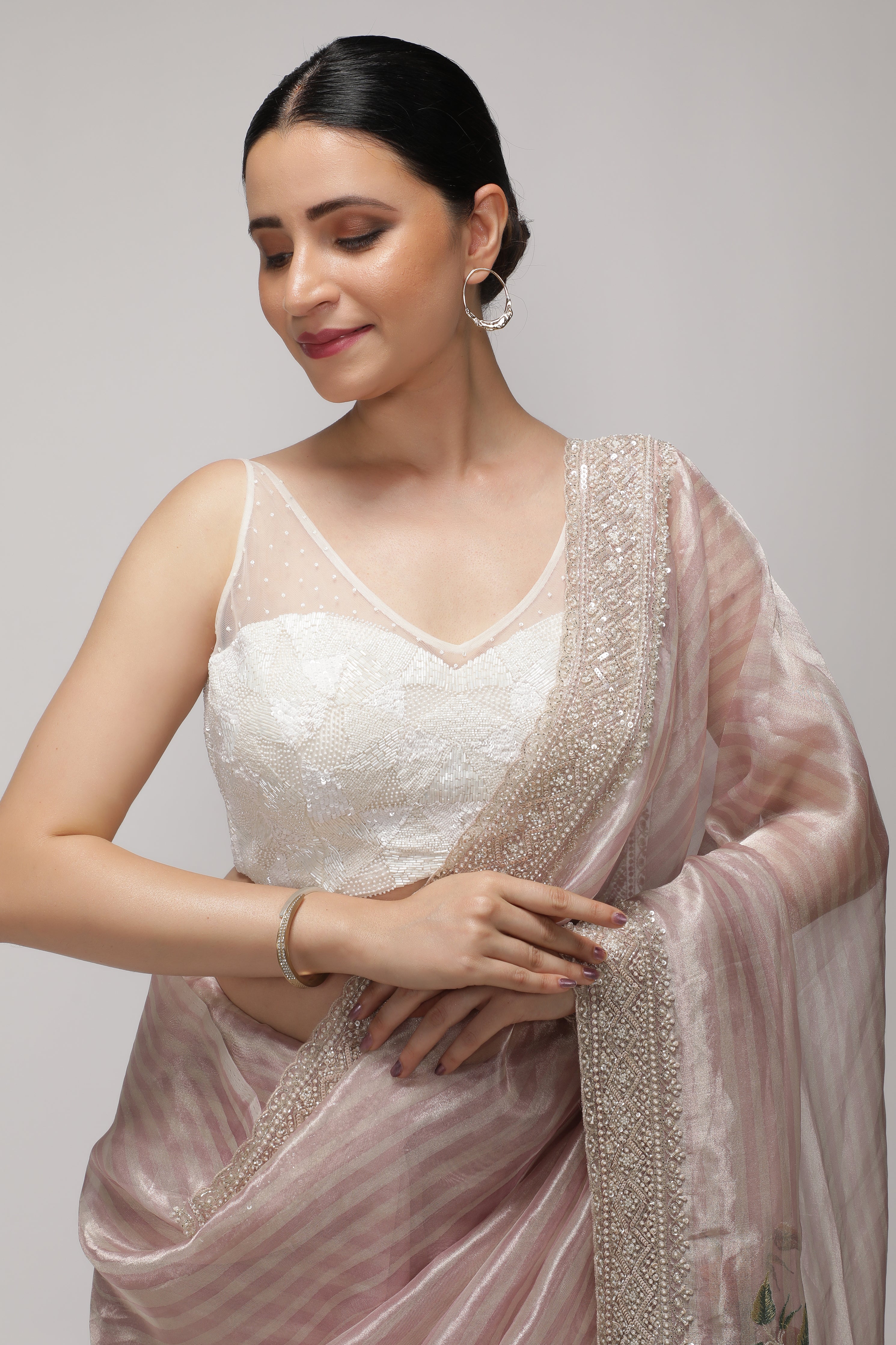 Shaded Peach Tissue Saree with Multithread Embroidery and Sequins Border