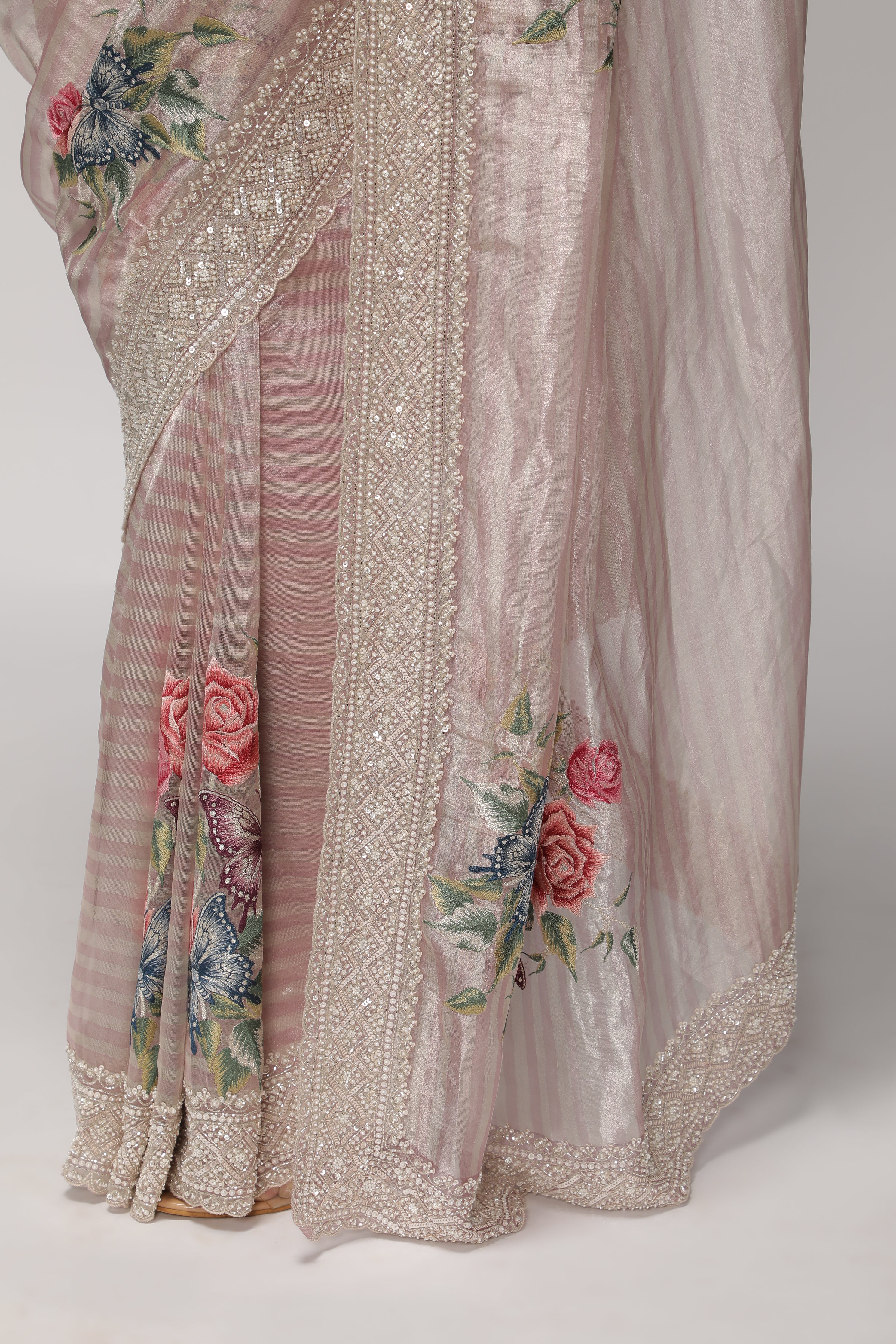 Shaded Peach Tissue Saree with Multithread Embroidery and Sequins Border