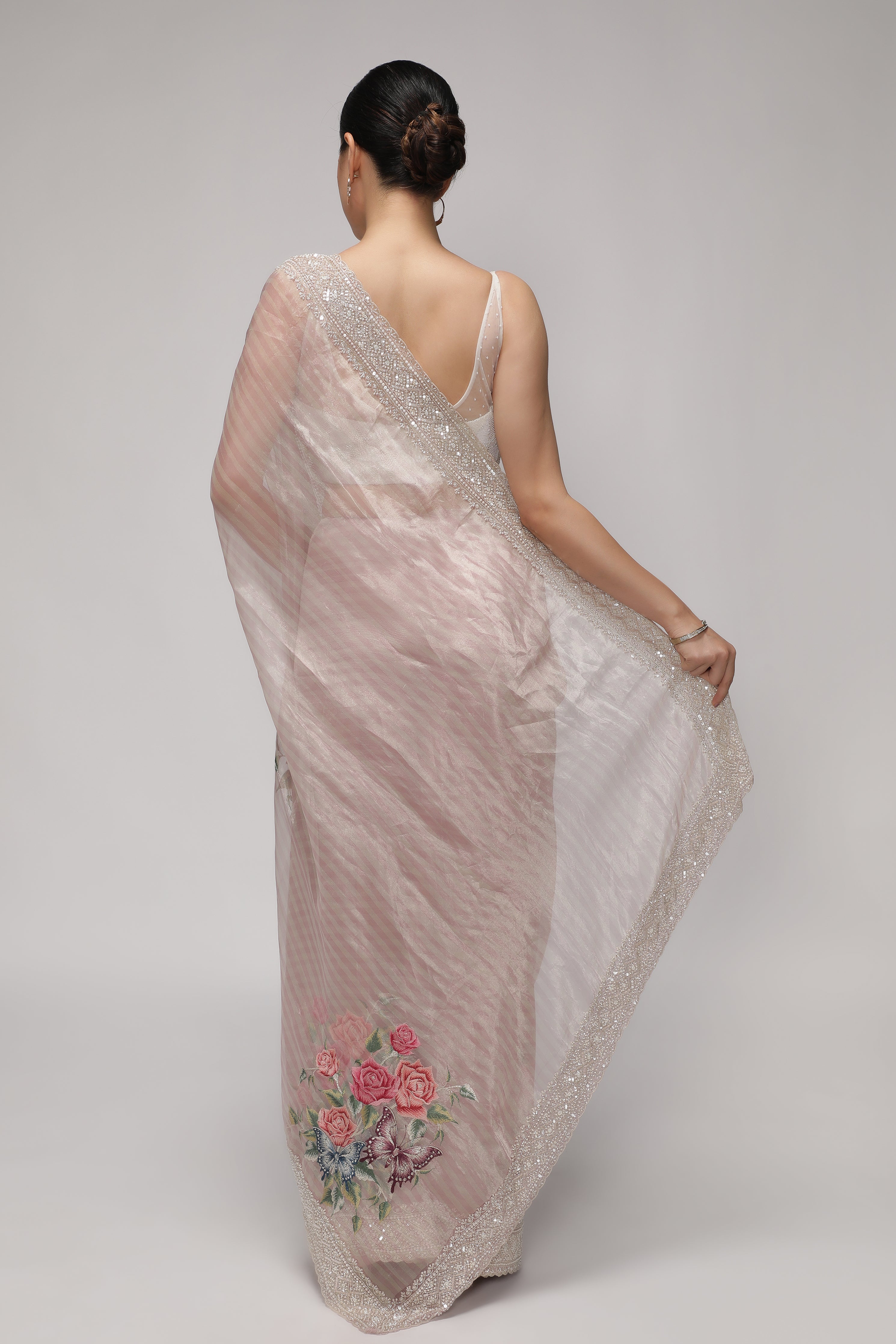 Shaded Peach Tissue Saree with Multithread Embroidery and Sequins Border