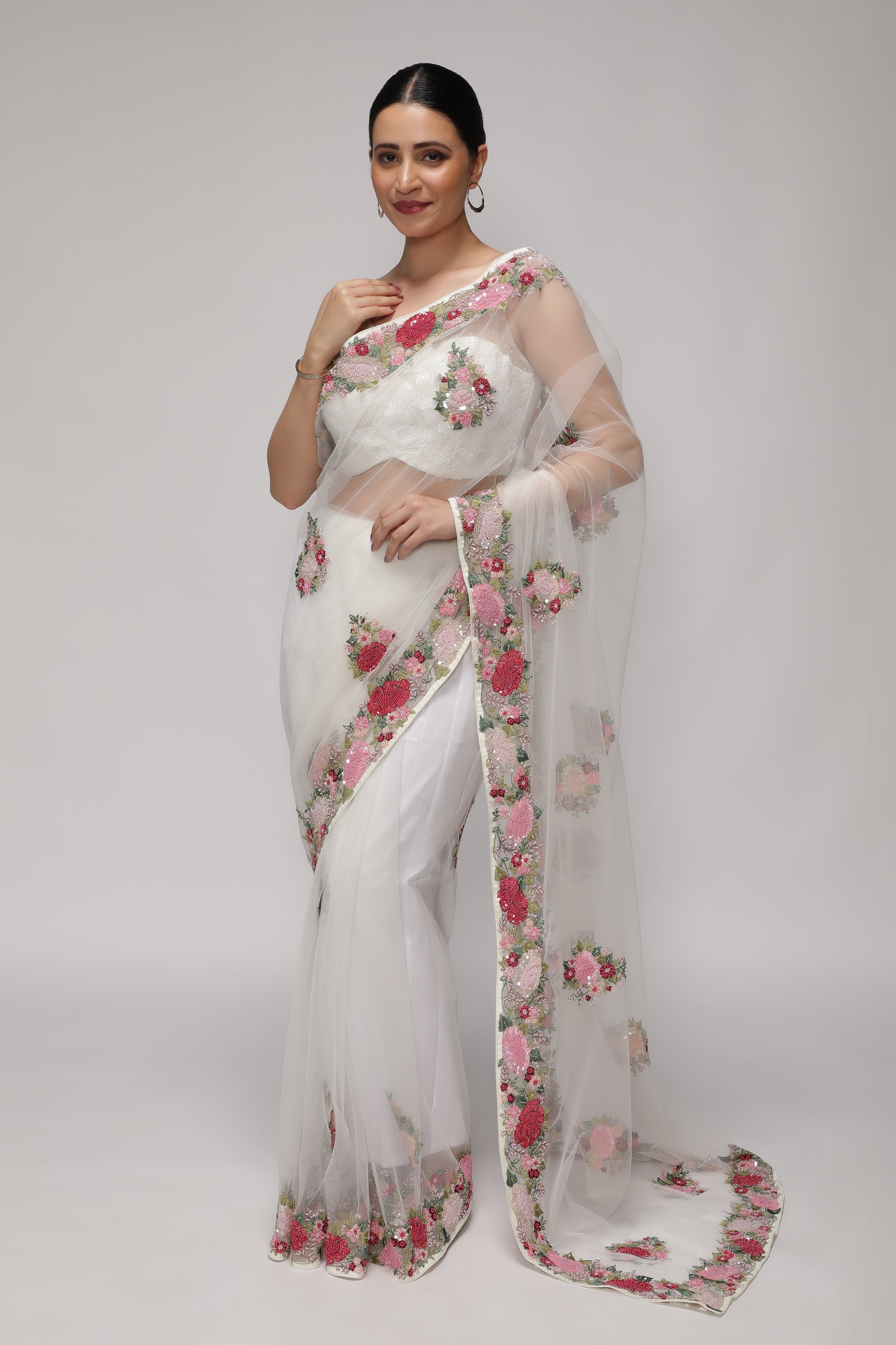 White Net Saree with Multithread, Sequin & Pearl Embroidery