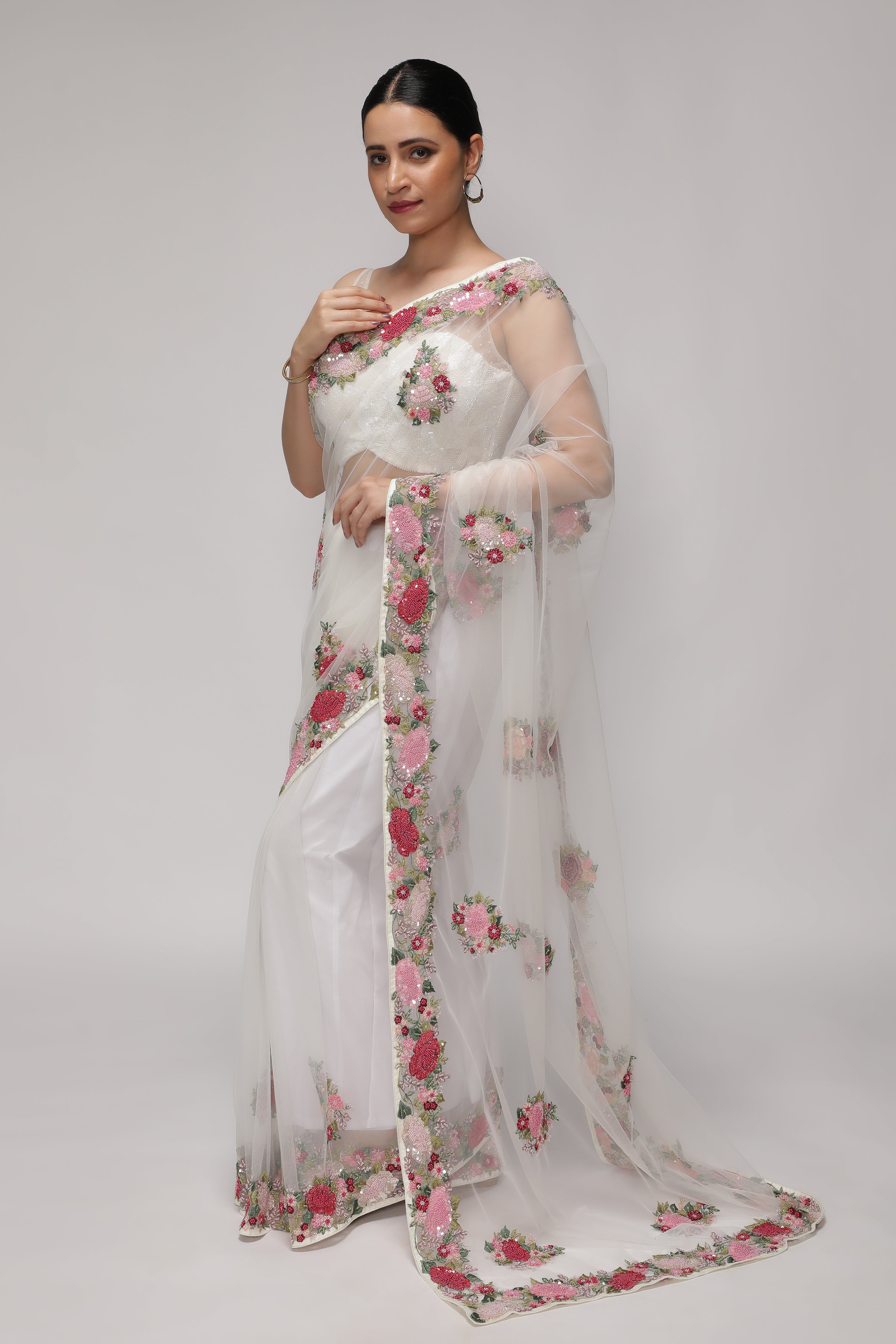 White Net Saree with Multithread, Sequin & Pearl Embroidery