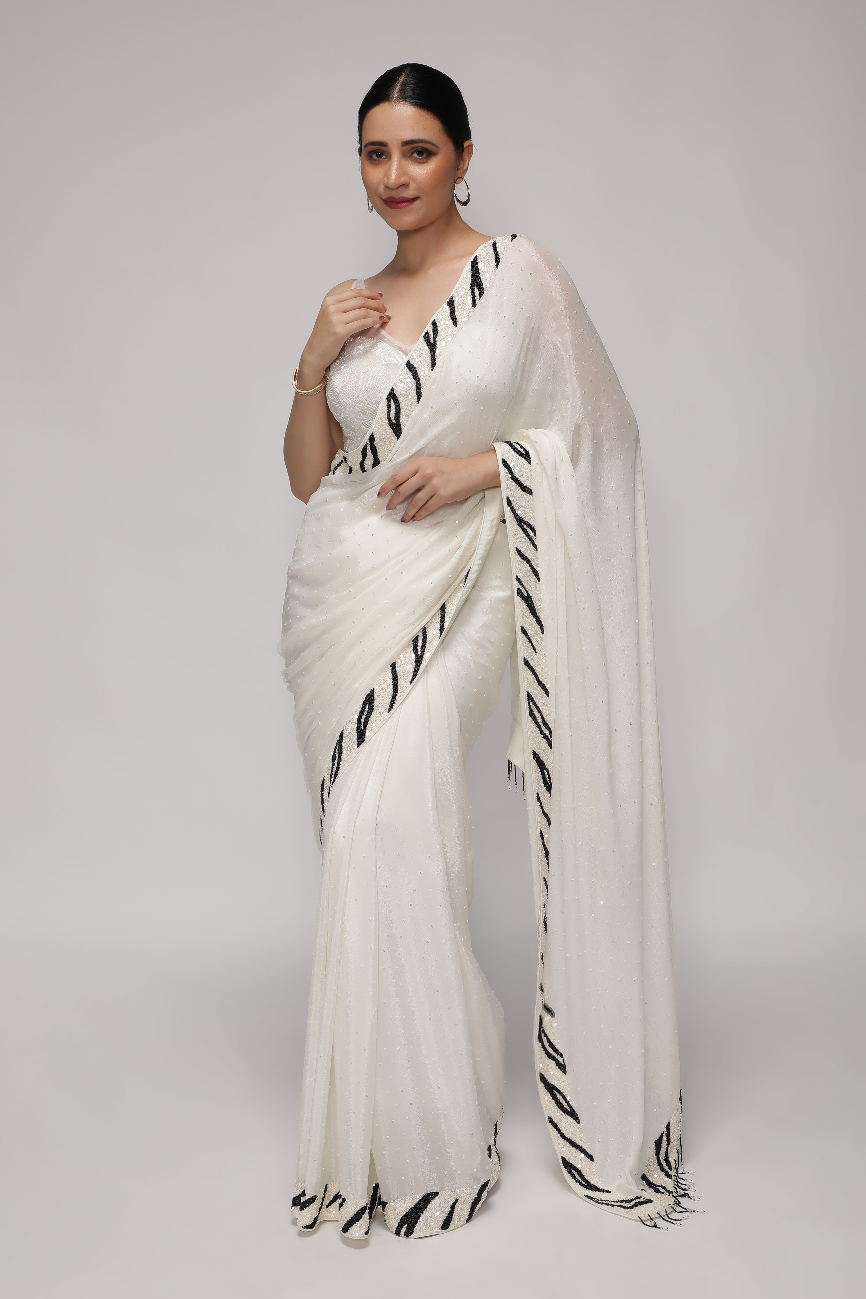 White Crepe Chiffon Saree with Sequins and Beaded Border