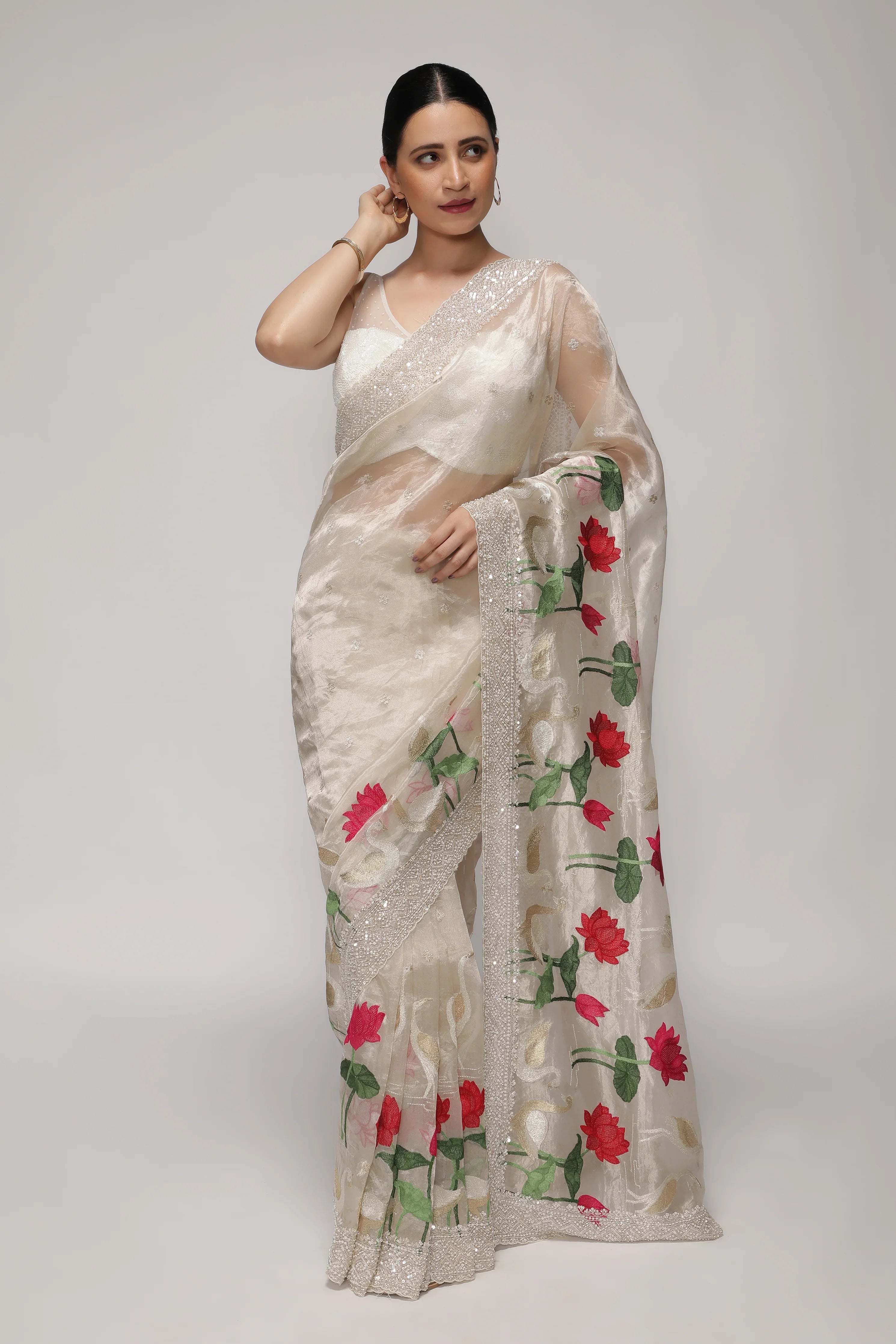 Silver Tissue Saree with All-Over Zari, Embroidery & Sequins Pearl Border | Mokshaa
