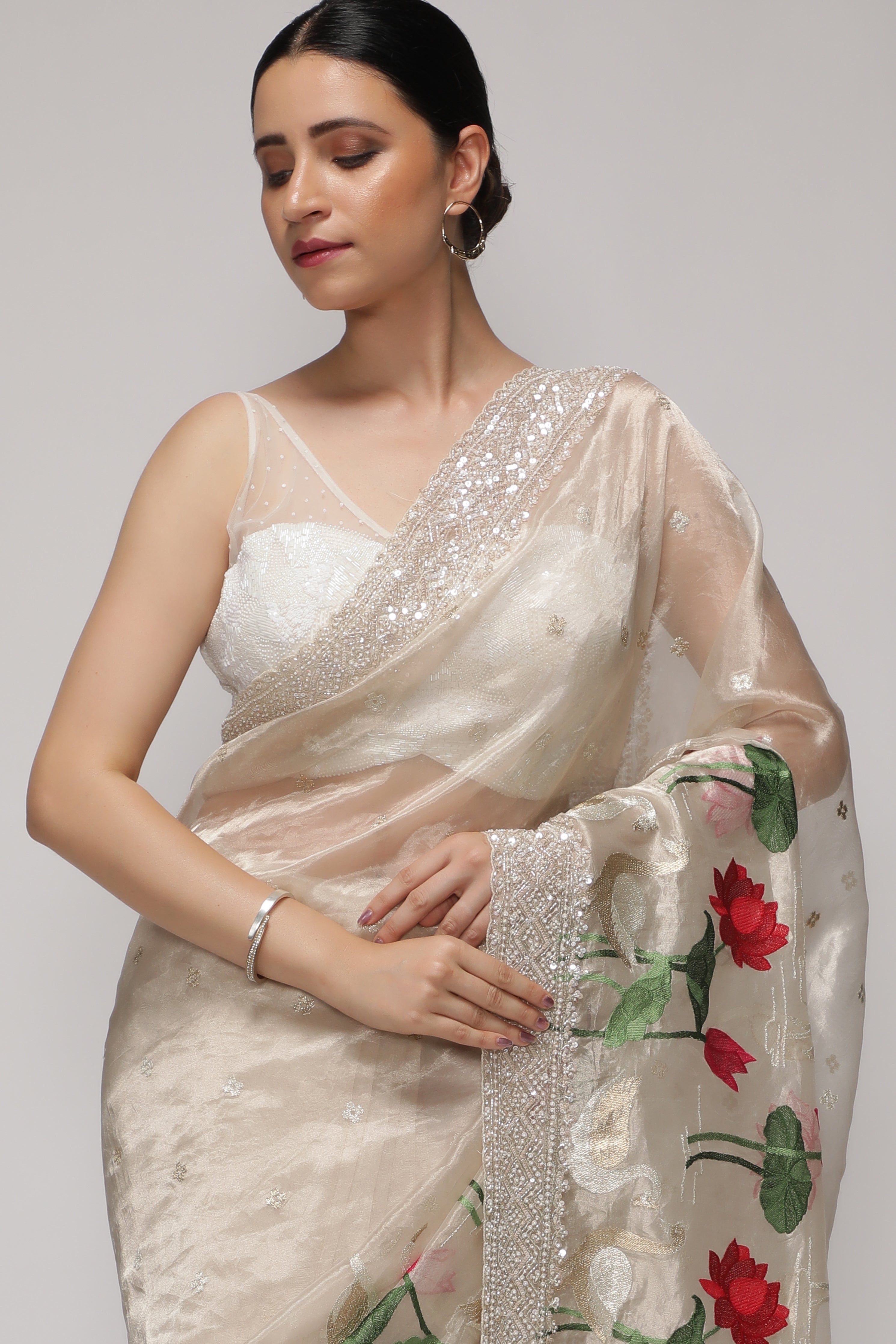 Silver Tissue Saree with All-Over Zari, Embroidery & Sequins Pearl Border