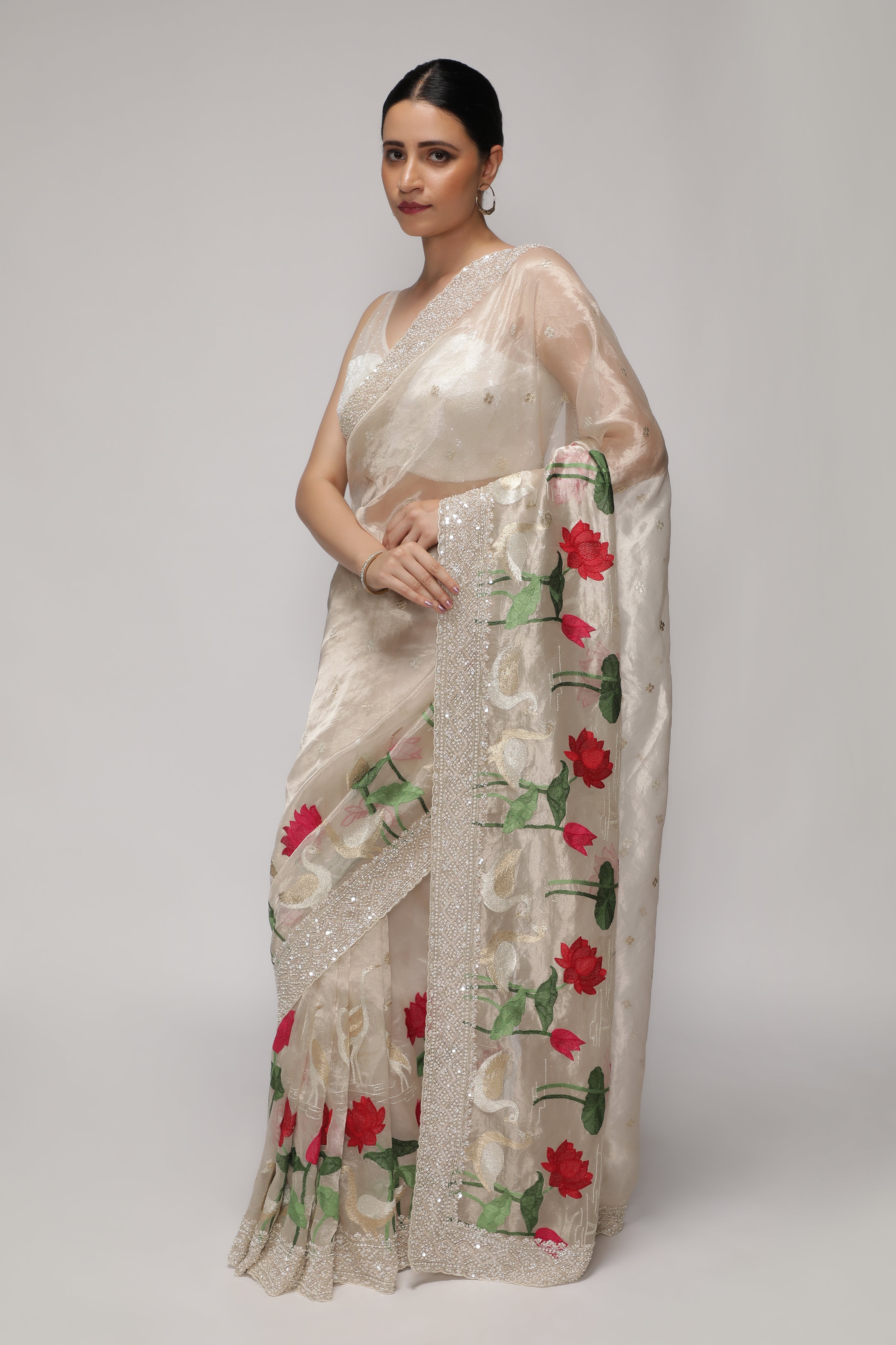 Silver Tissue Saree with All-Over Zari, Embroidery & Sequins Pearl Border