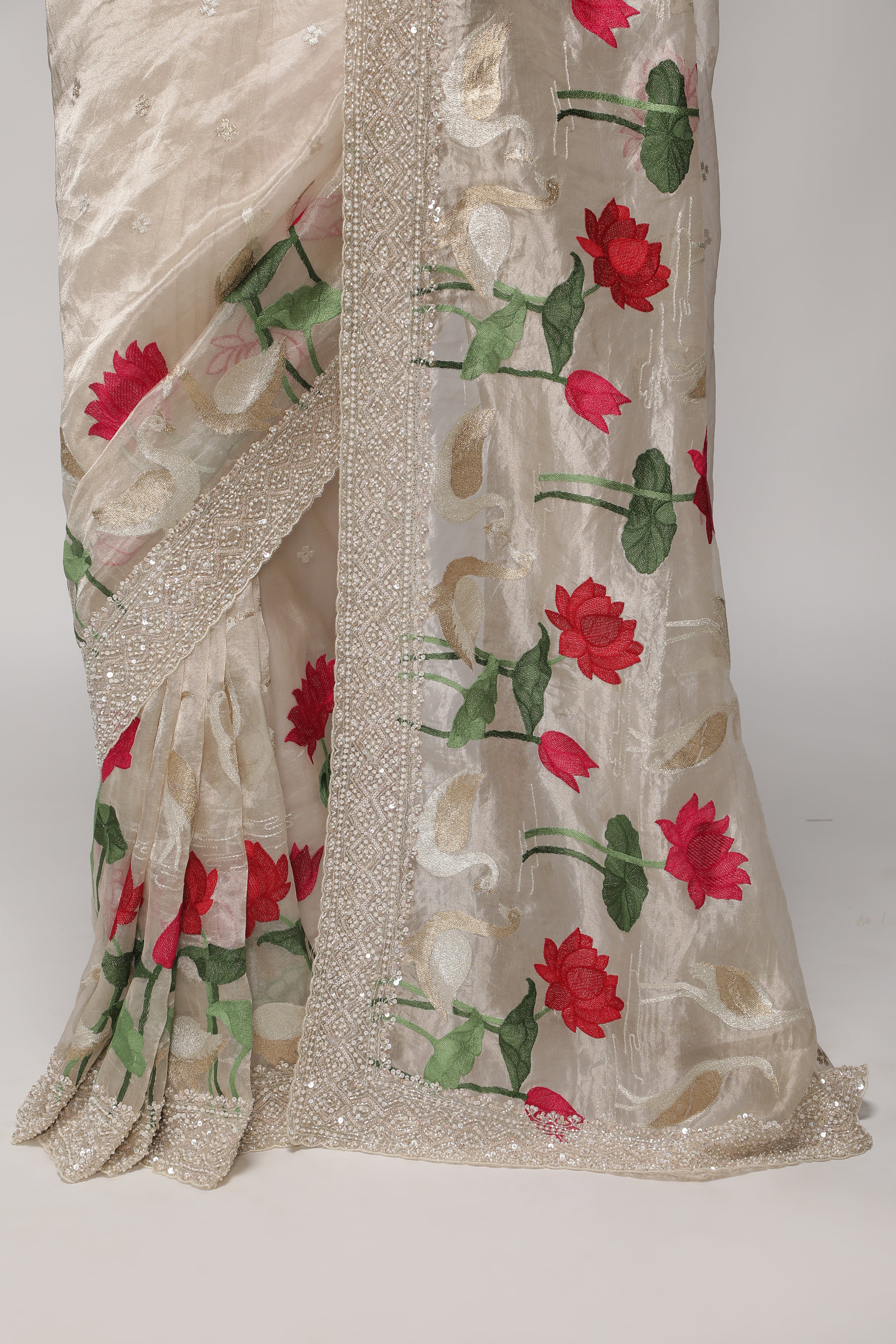 Silver Tissue Saree with All-Over Zari, Embroidery & Sequins Pearl Border