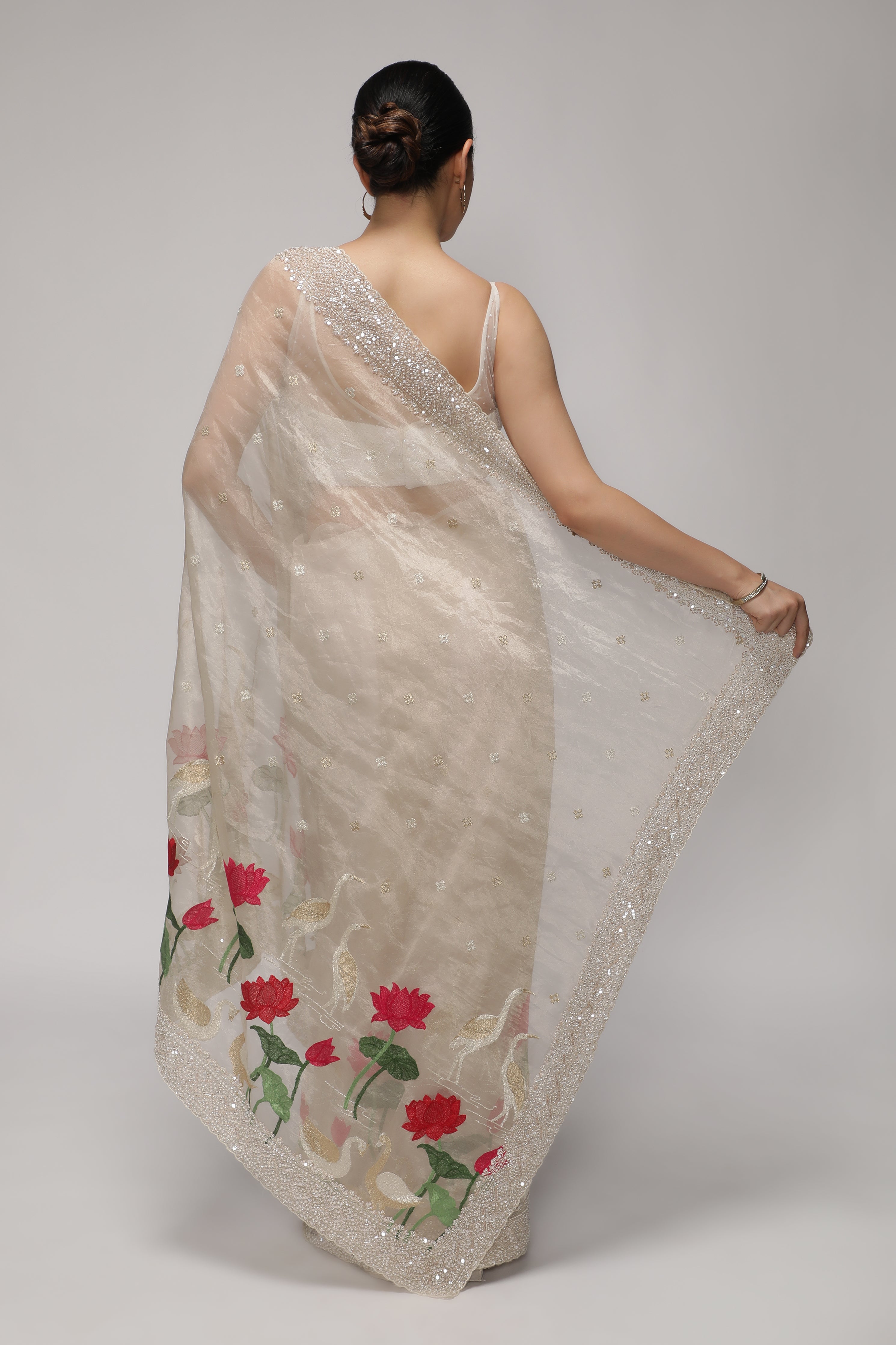 Silver Tissue Saree with All-Over Zari, Embroidery & Sequins Pearl Border
