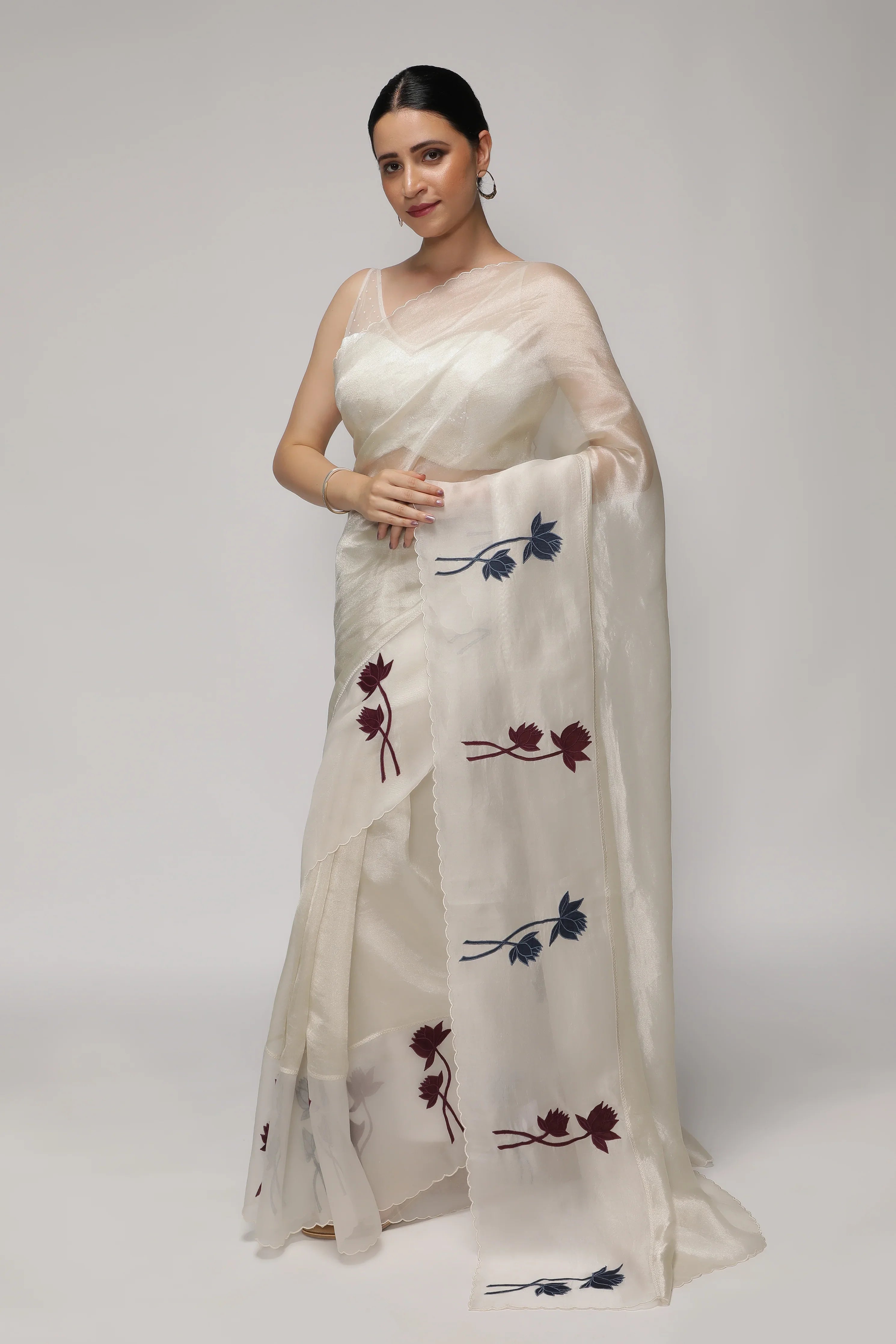 Silver White Tissue Saree with Multicolor Floral Appliqué Kora Border - Mokshaa