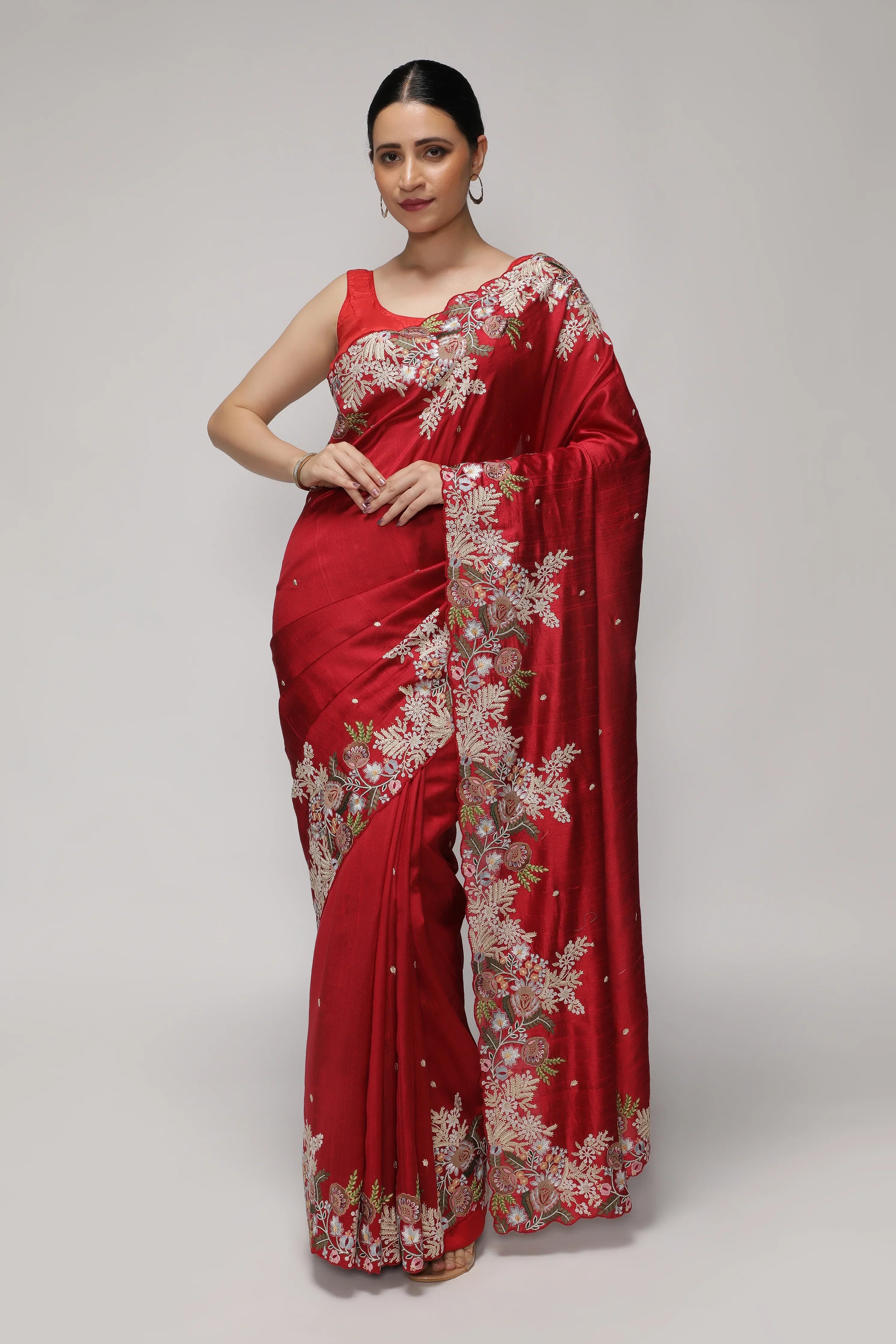 Red Handloom Tussar Saree with Contrast Embroidery Scallop Border | Mokshaa