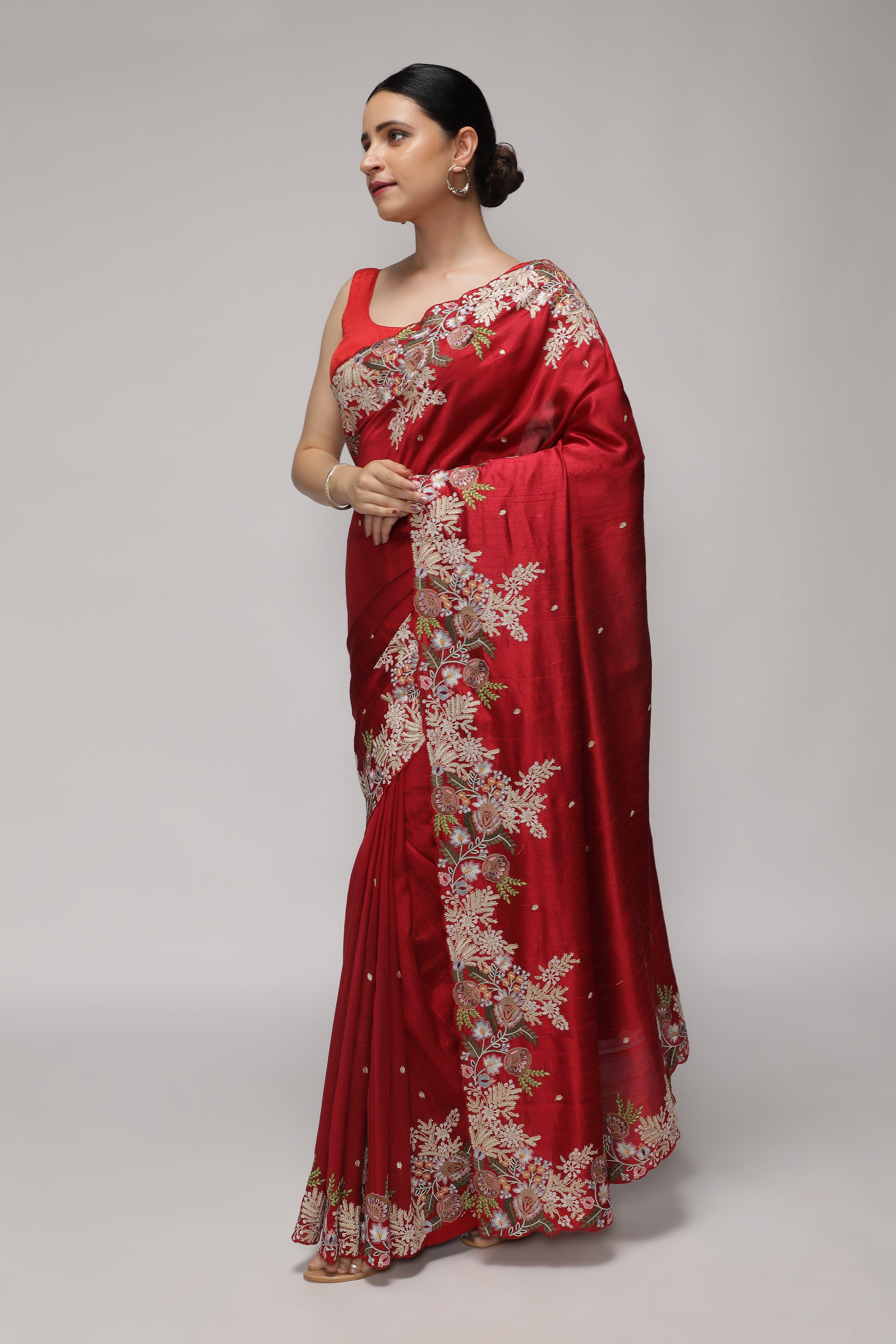 Red Handloom Tussar Saree with Contrast Embroidery Scallop Border