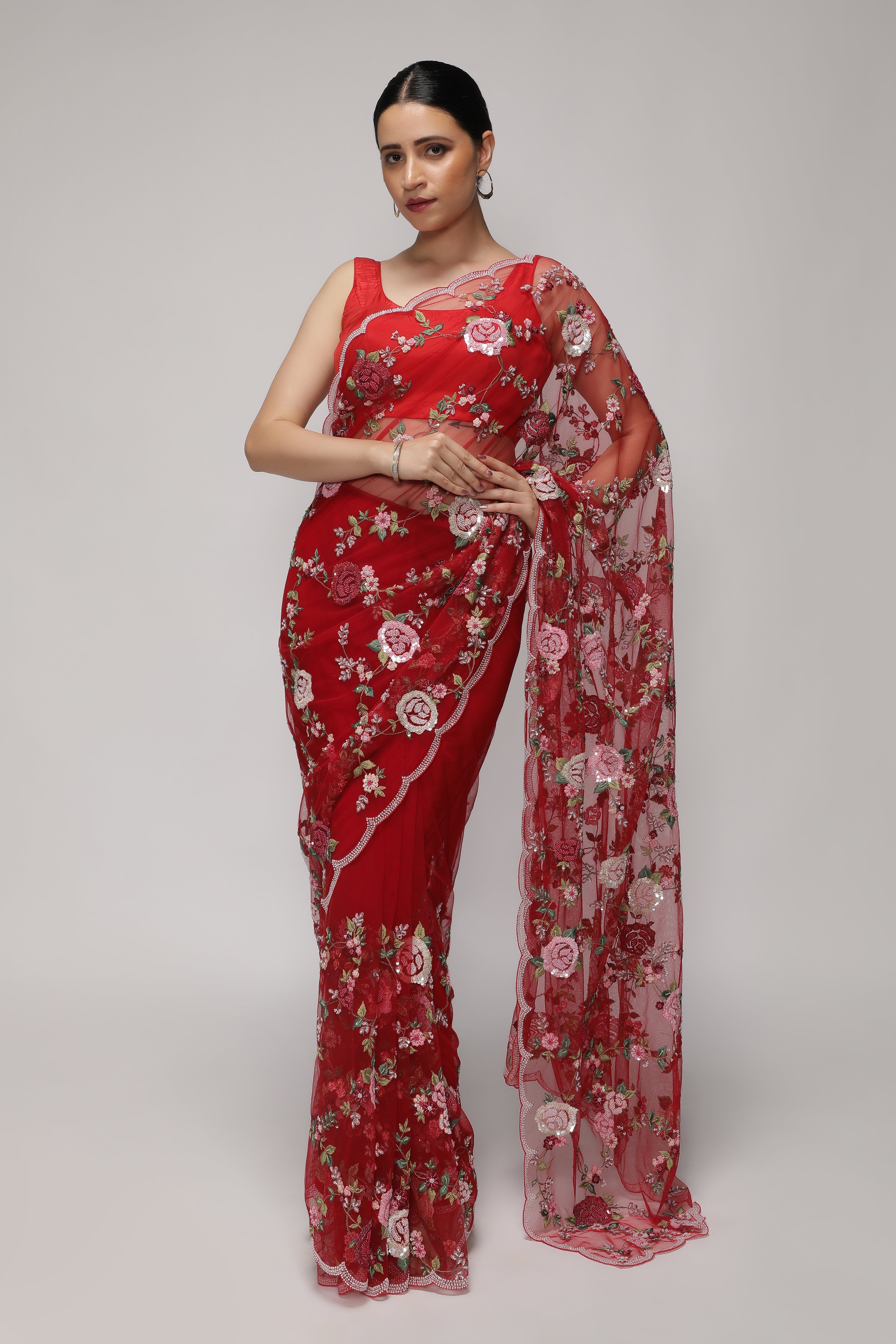 Red Net Saree with All-Over Multithread, Sequin & Pearl Jaal