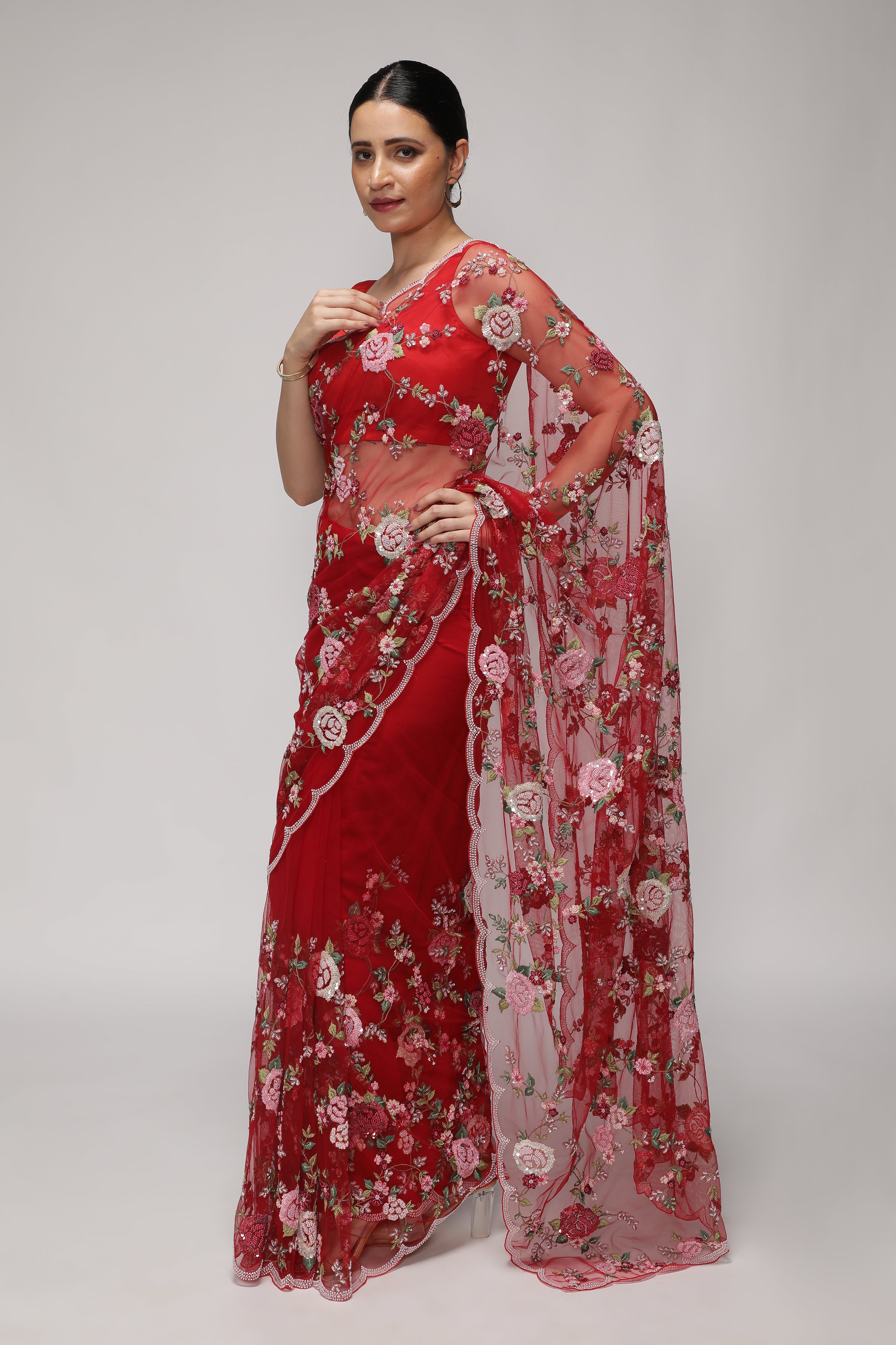 Red Net Saree with All-Over Multithread, Sequin & Pearl Jaal
