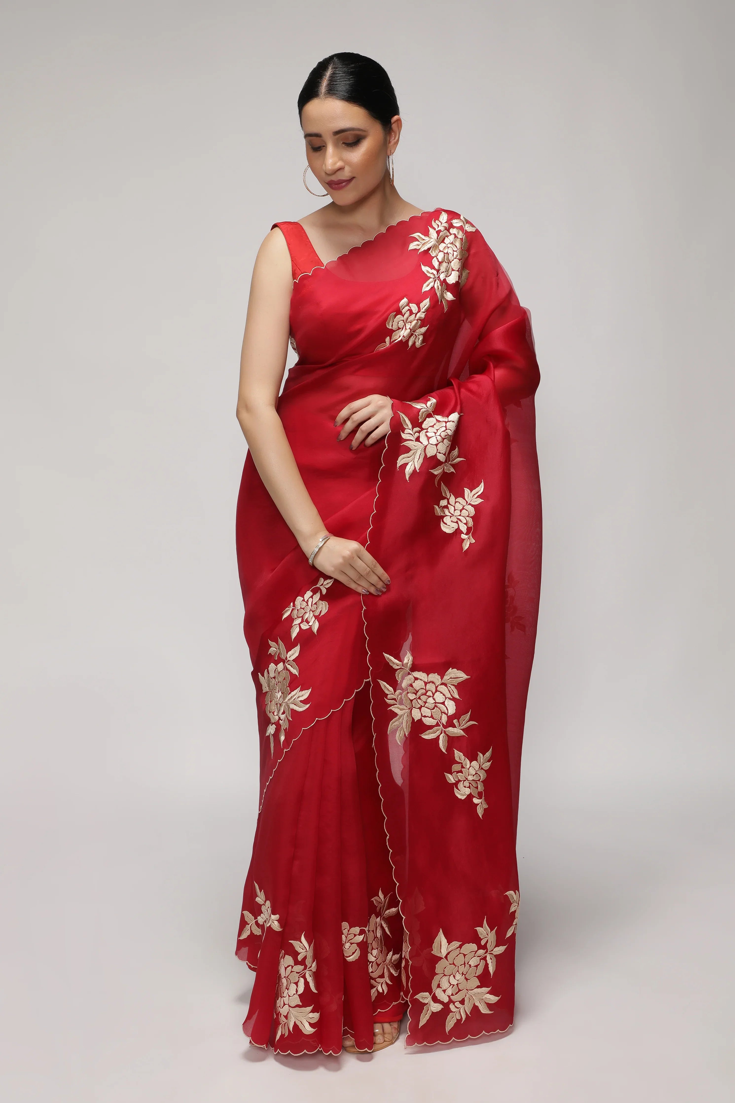 Red Organza Saree with All-Over Floral Thread Work Motifs | Mokshaa