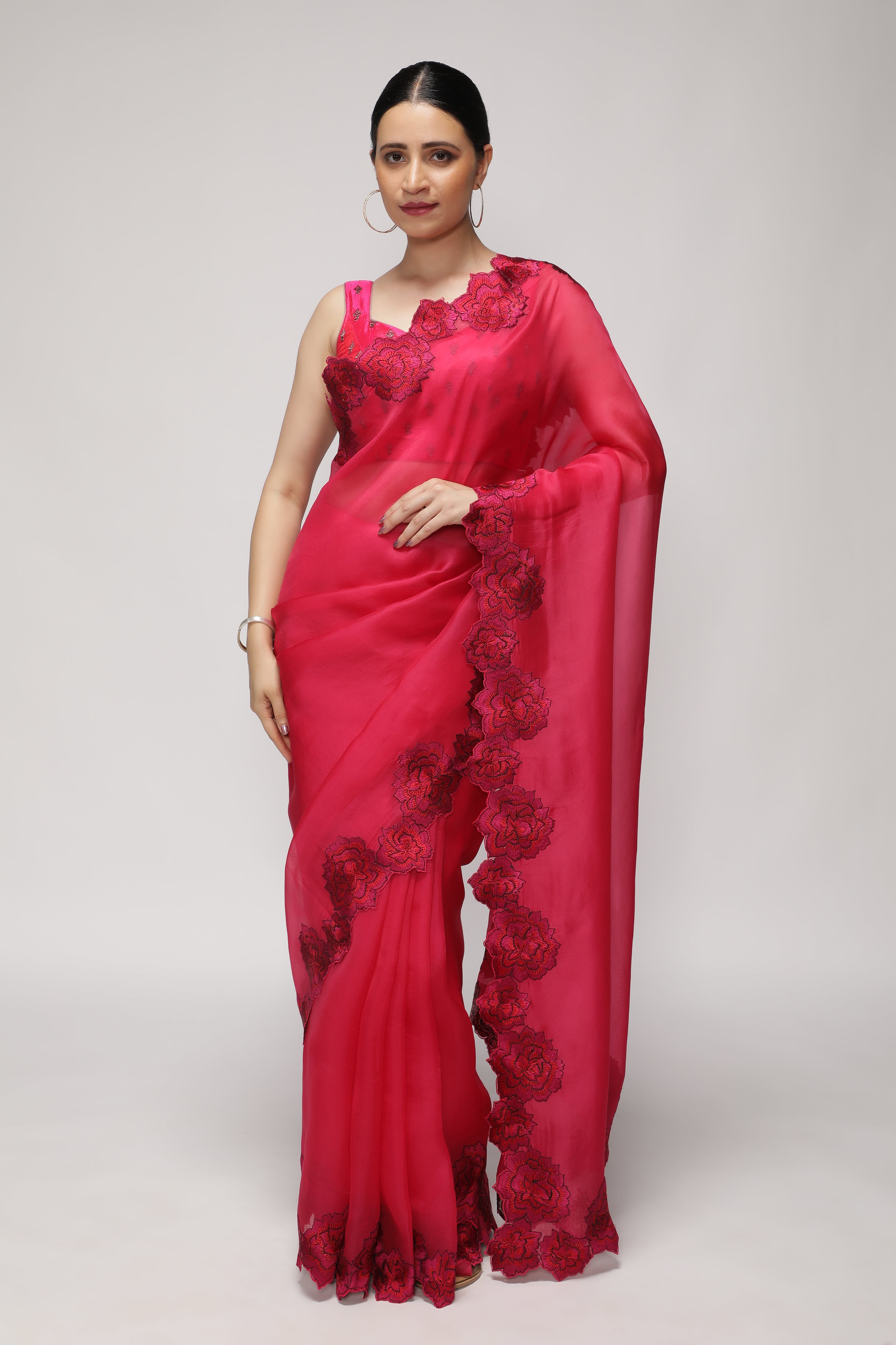 Fuchsia Pink Organza Saree with Shaded Floral Embroidery & Scallop Border