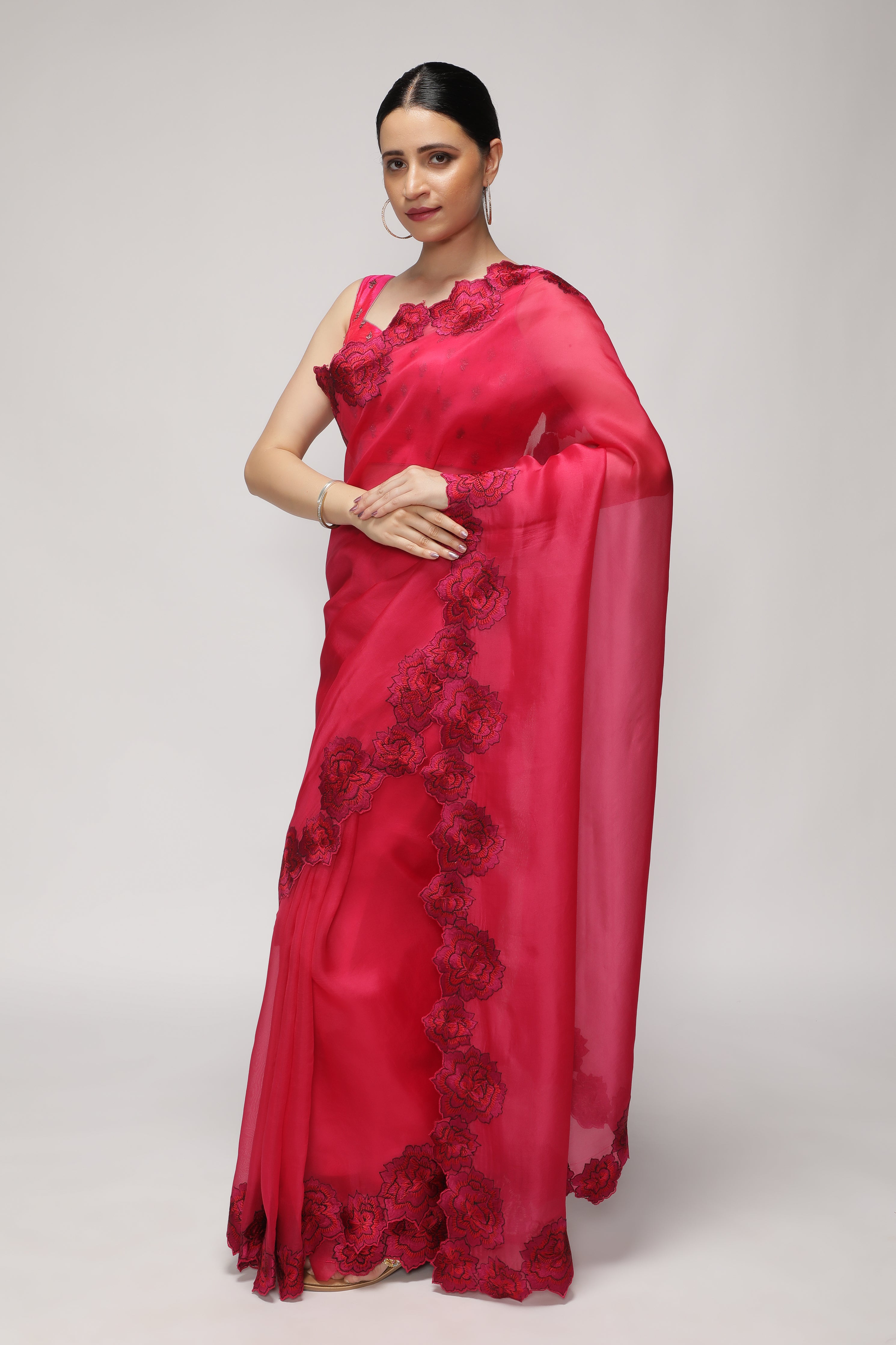 Fuchsia Pink Organza Saree with Shaded Floral Embroidery & Scallop Border