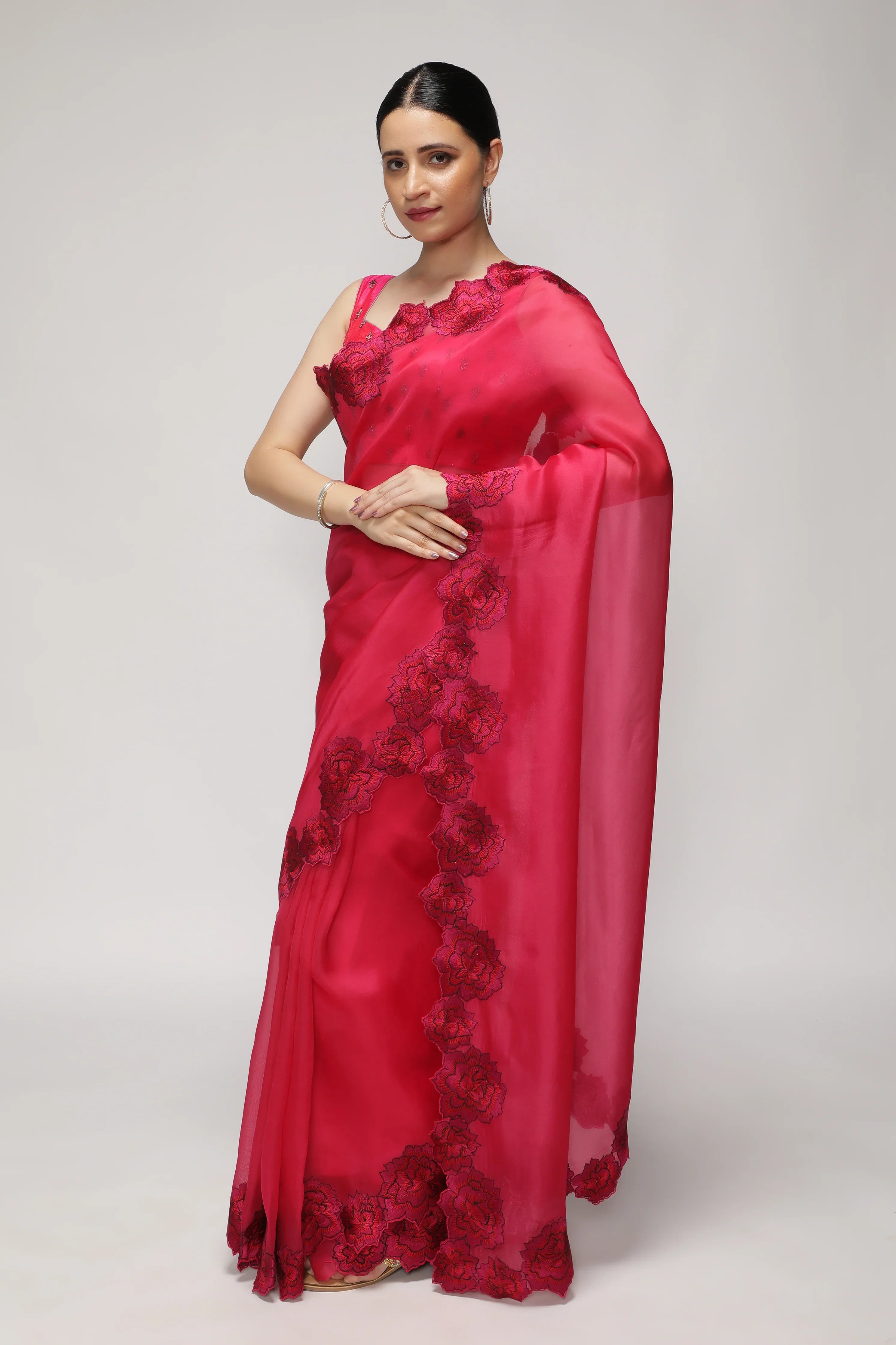 Fuchsia Pink Organza Saree with Shaded Floral Embroidery & Scallop Border - Mokshaa