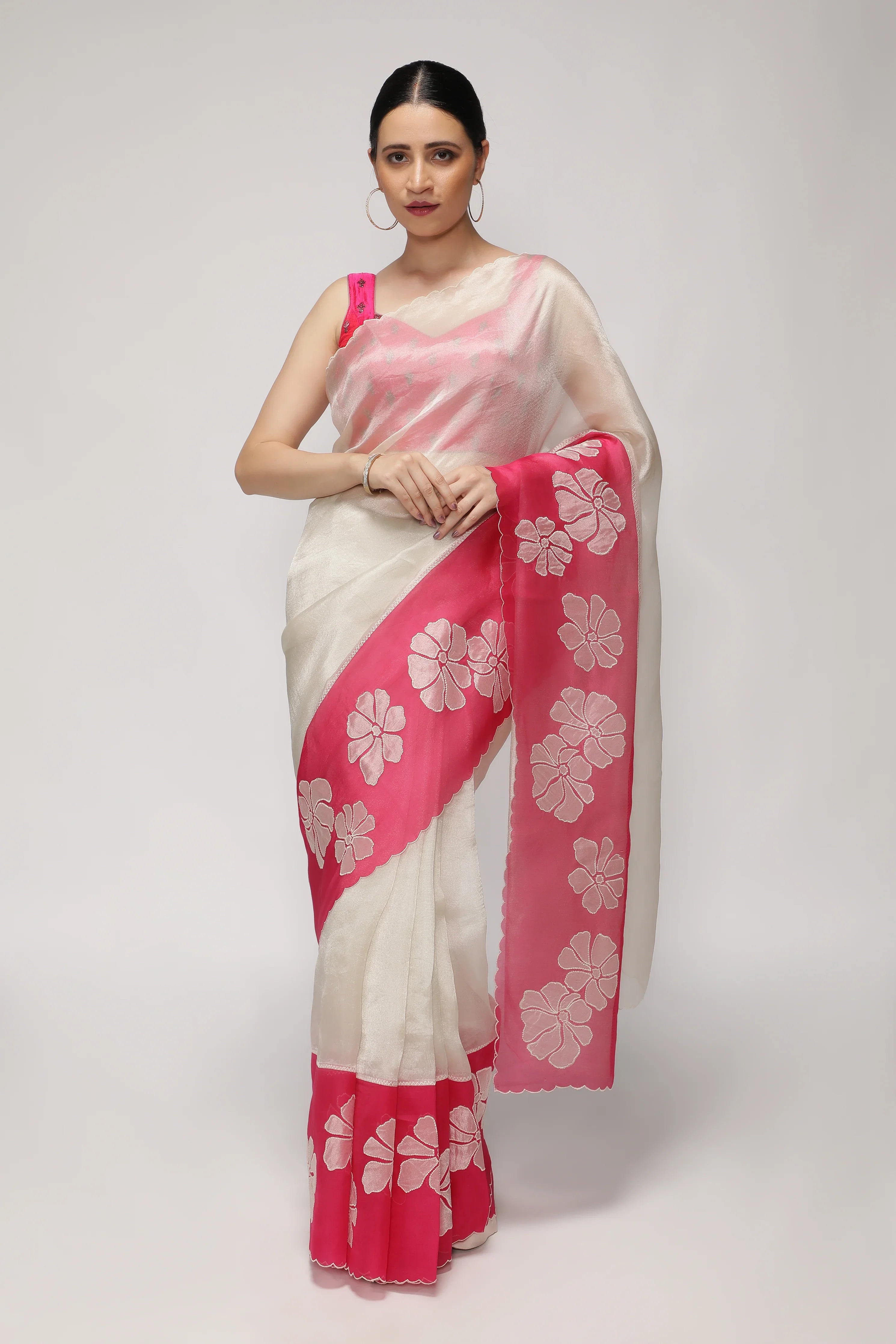 Silver Pink Tissue Saree with Appliqué Work Border | Mokshaa