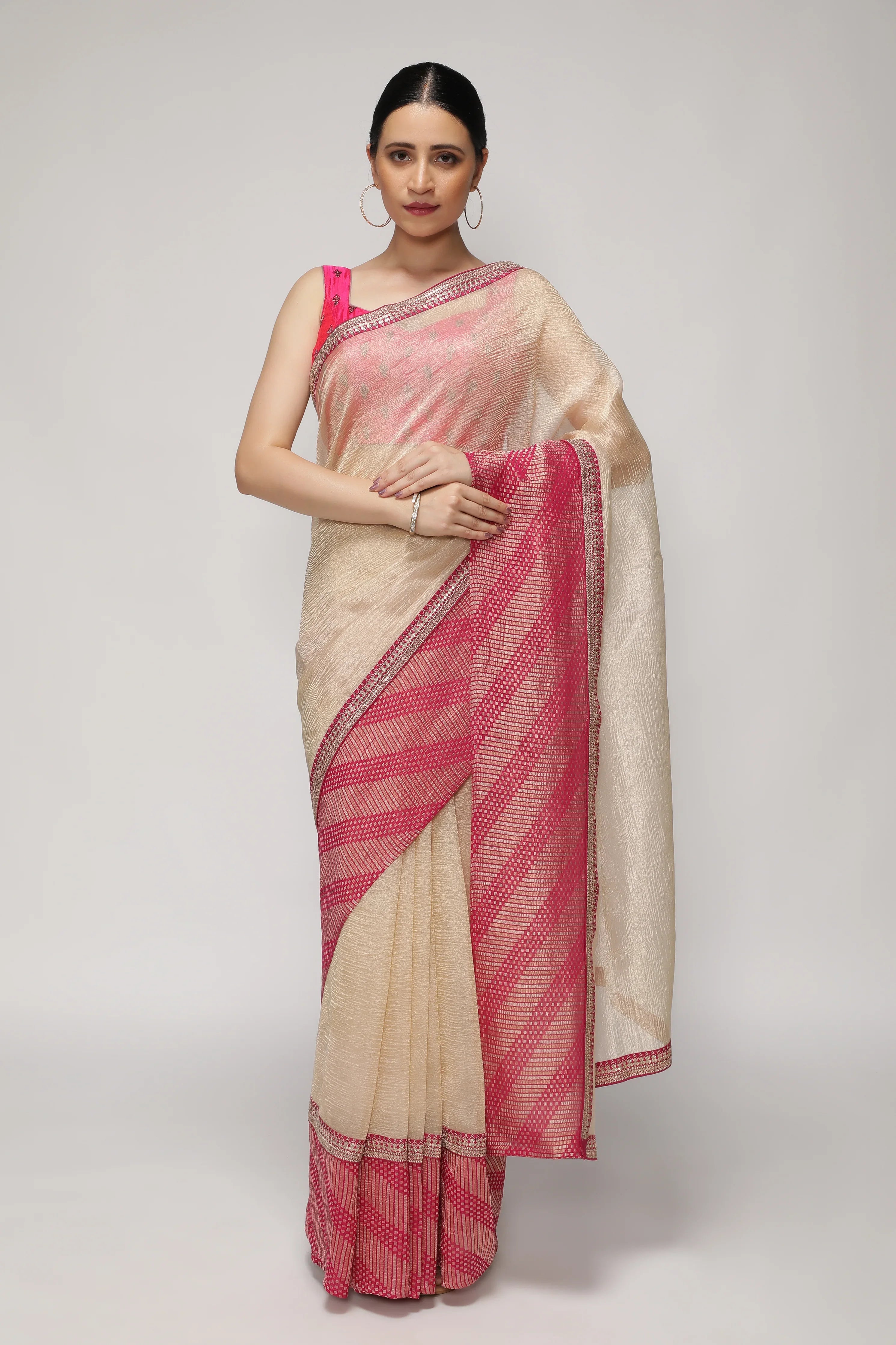 Gold and Pink Crush Tissue Saree with Contrast Banarasi Brocade Border | Mokshaa