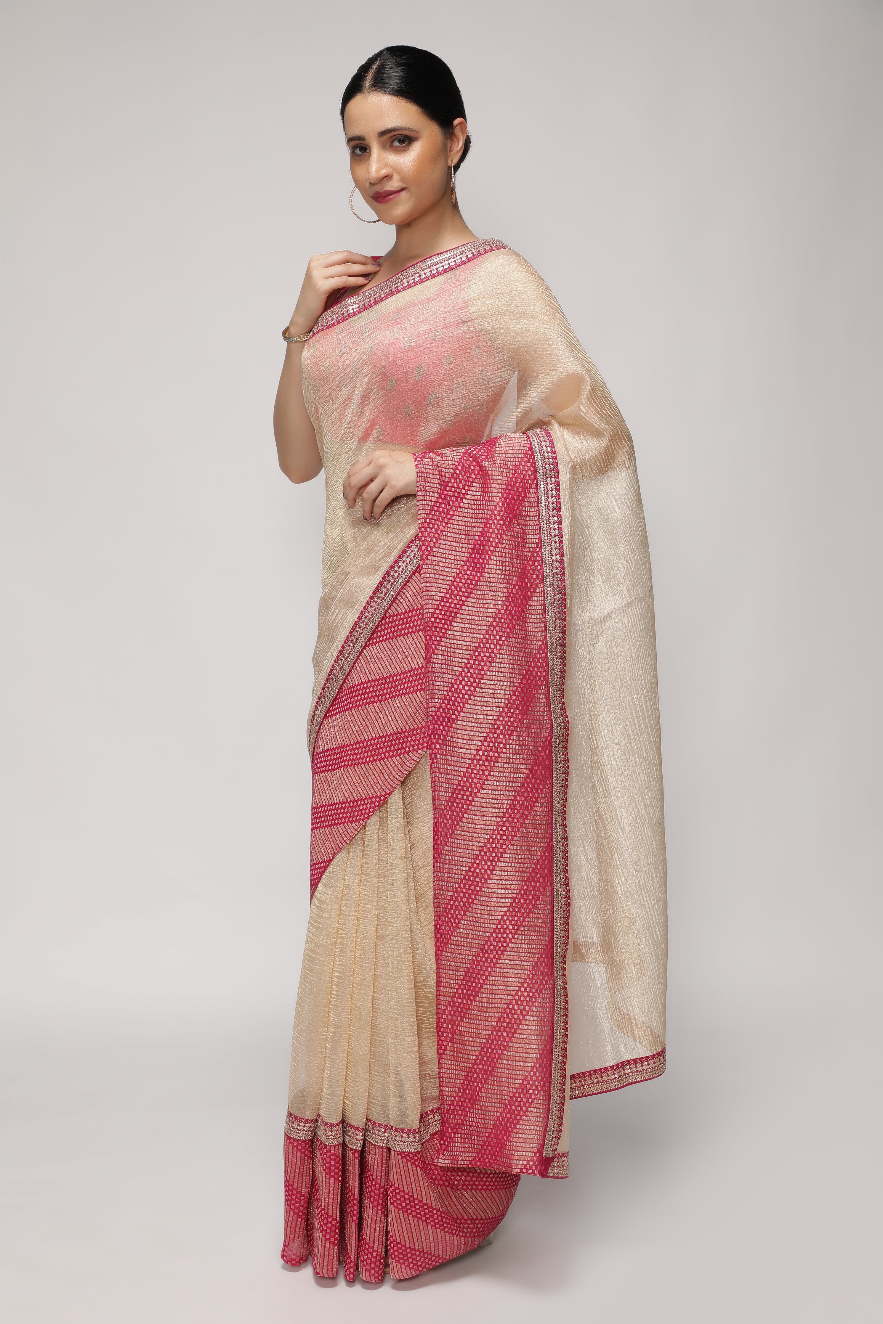 Gold and Pink Crush Tissue Saree with Contrast Banarasi Brocade Border