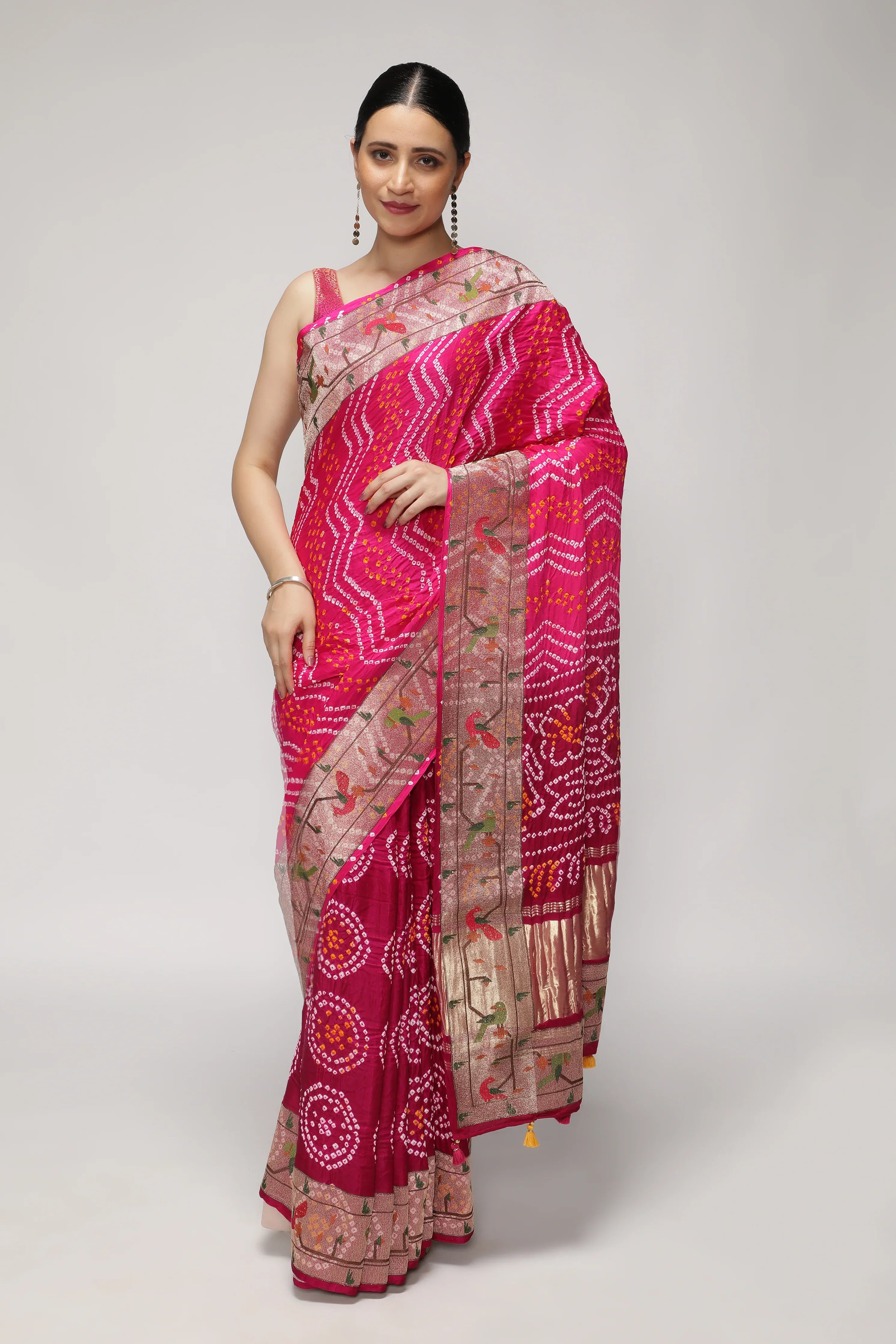 Shaded Rani Pink & Purple Bandni Saree with Paithani Border | Mokshaa