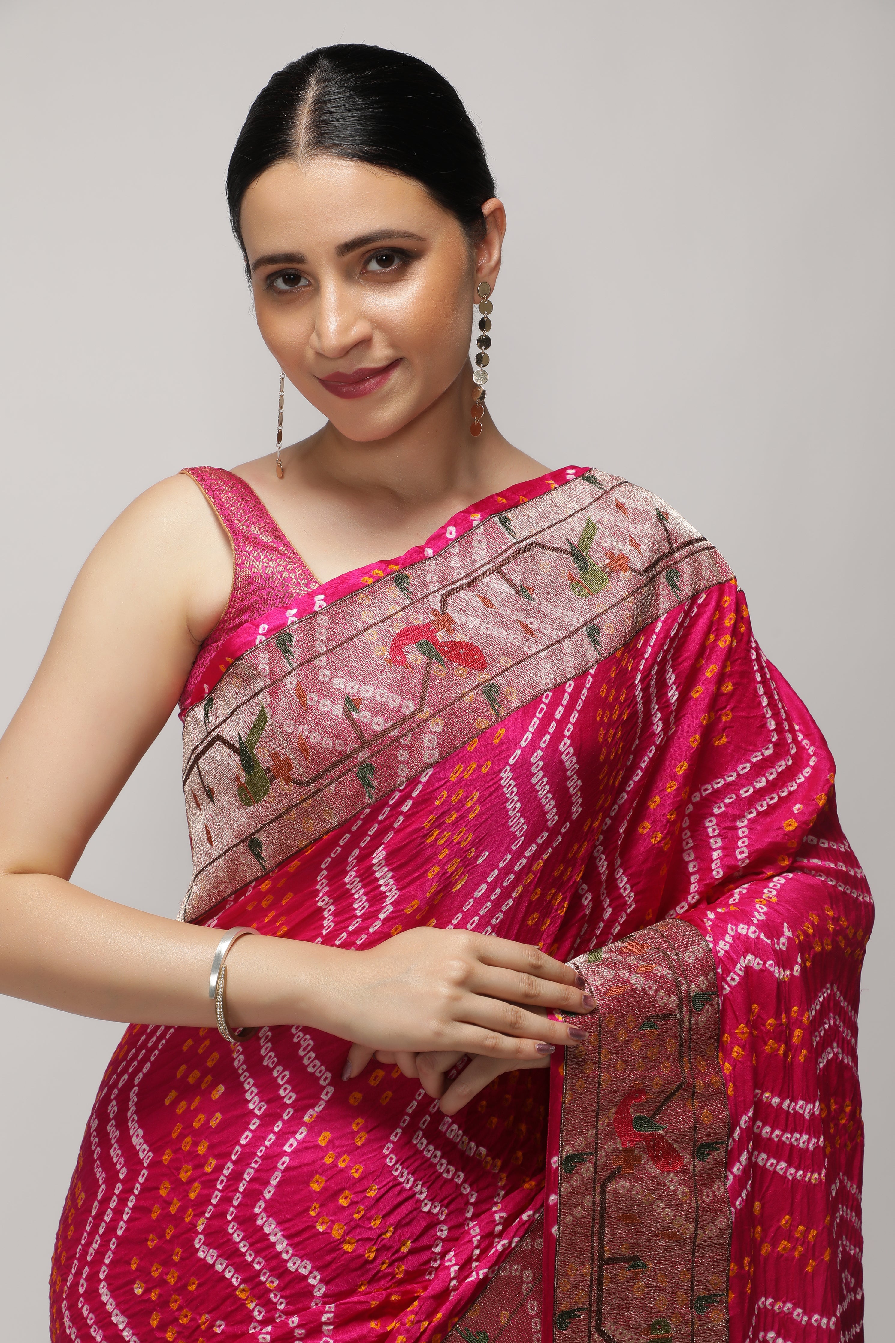 Shaded Rani Pink & Purple Bandni Saree with Paithani Border