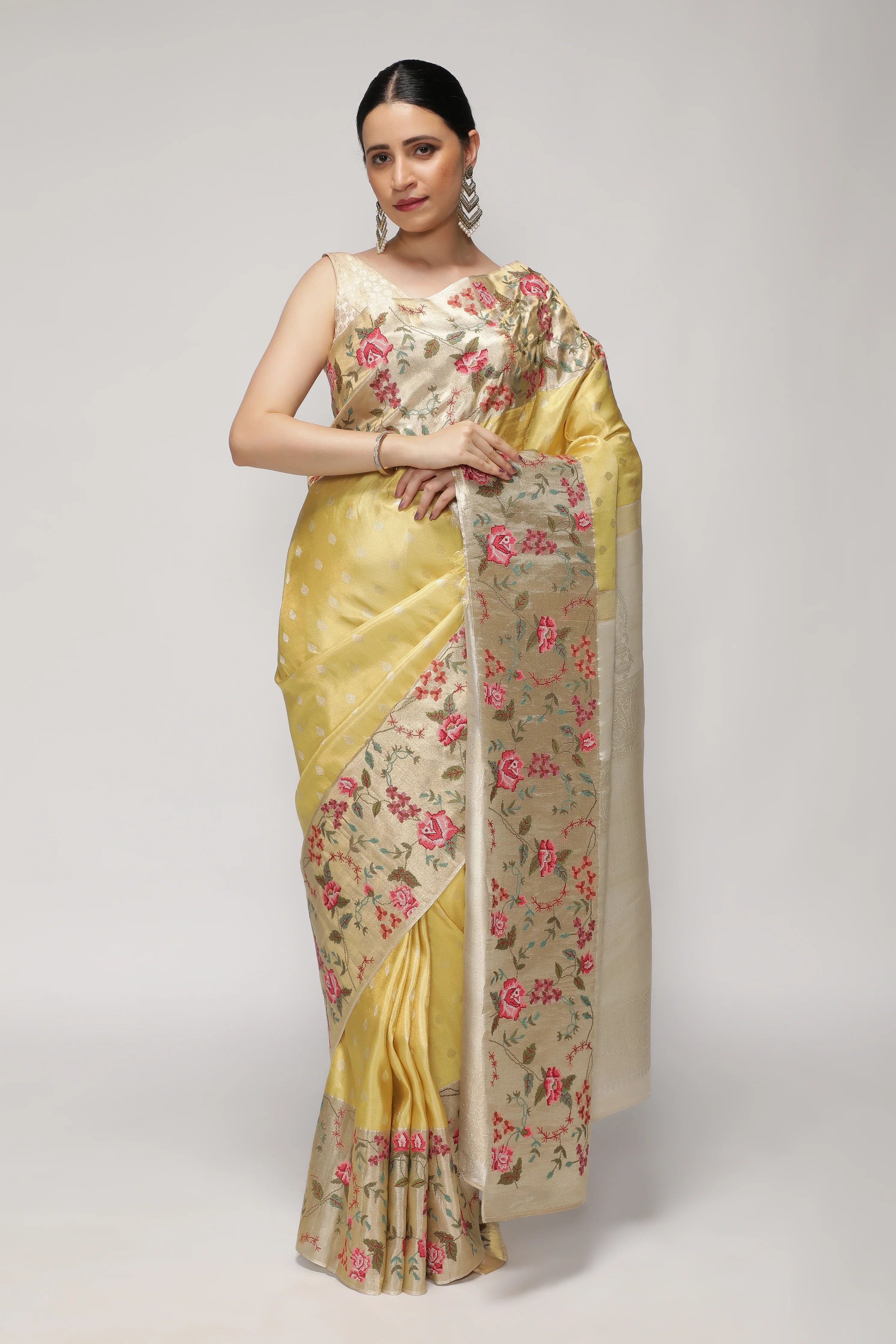 Mustard Yellow Kanchipuram Tissue Silk Saree with Zari Weaving and Contrast Embroidery Borde | Mokshaa