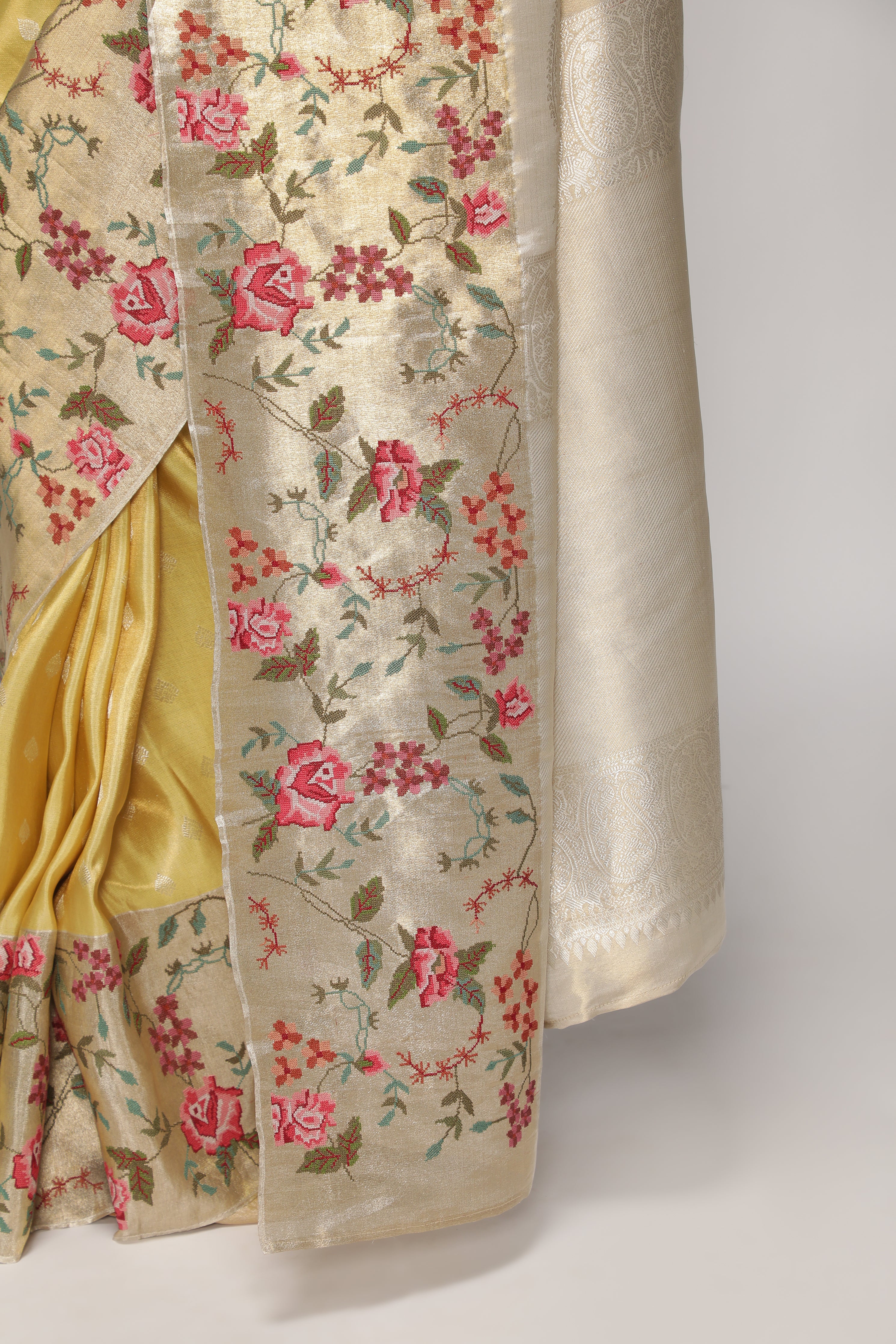 Mustard Yellow Kanchipuram Tissue Silk Saree with Zari Weaving and Contrast Embroidery Borde
