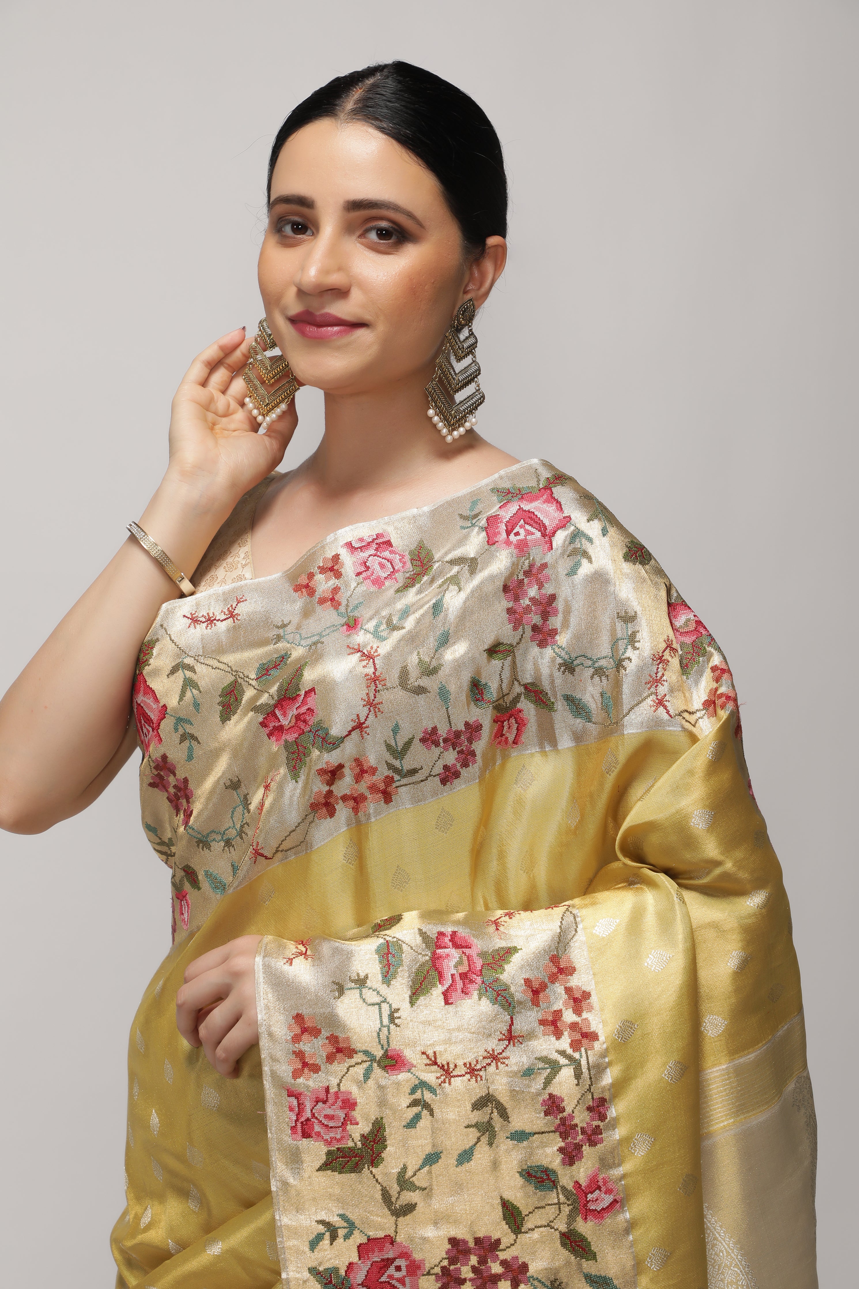 Mustard Yellow Kanchipuram Tissue Silk Saree with Zari Weaving and Contrast Embroidery Borde
