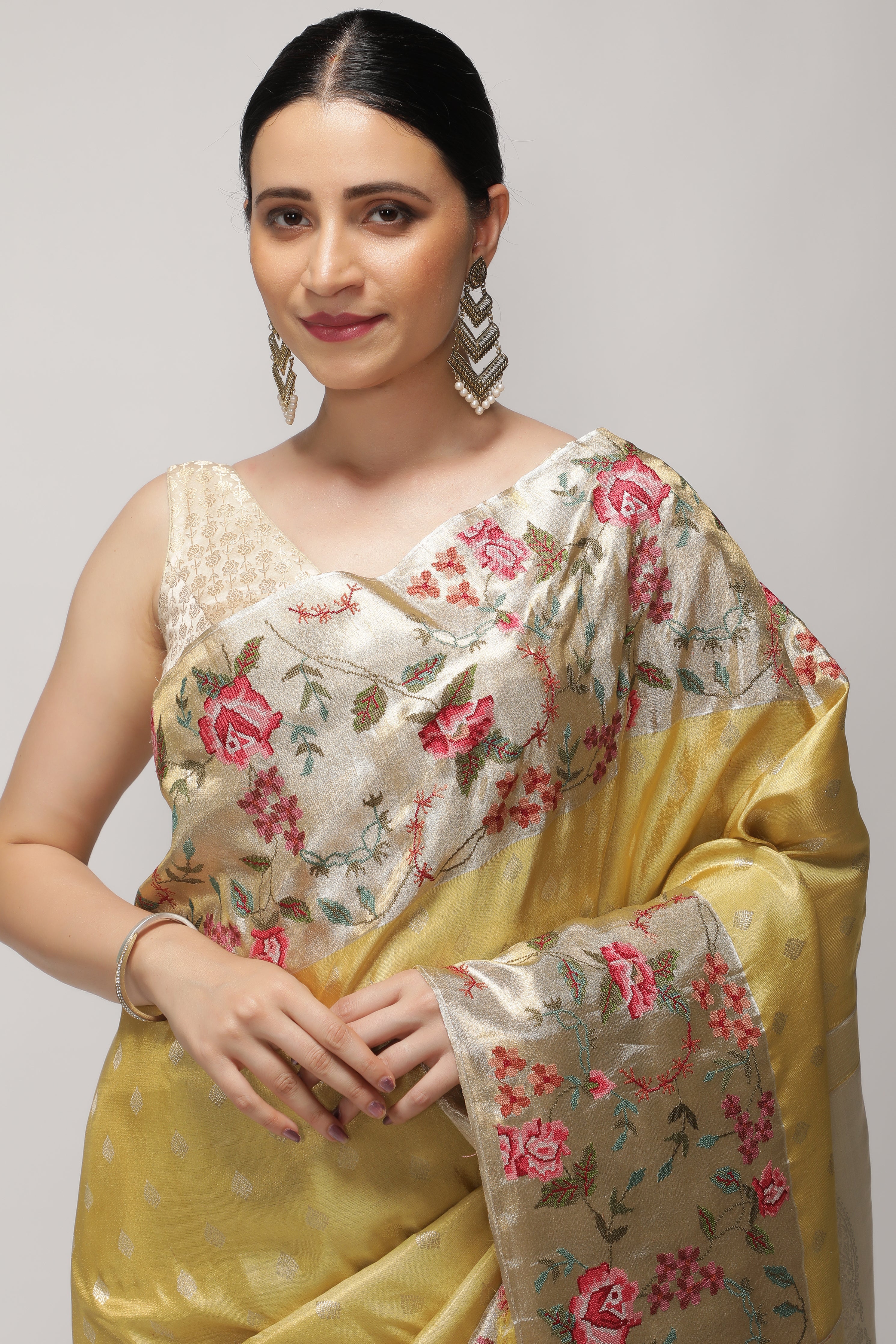 Mustard Yellow Kanchipuram Tissue Silk Saree with Zari Weaving and Contrast Embroidery Borde