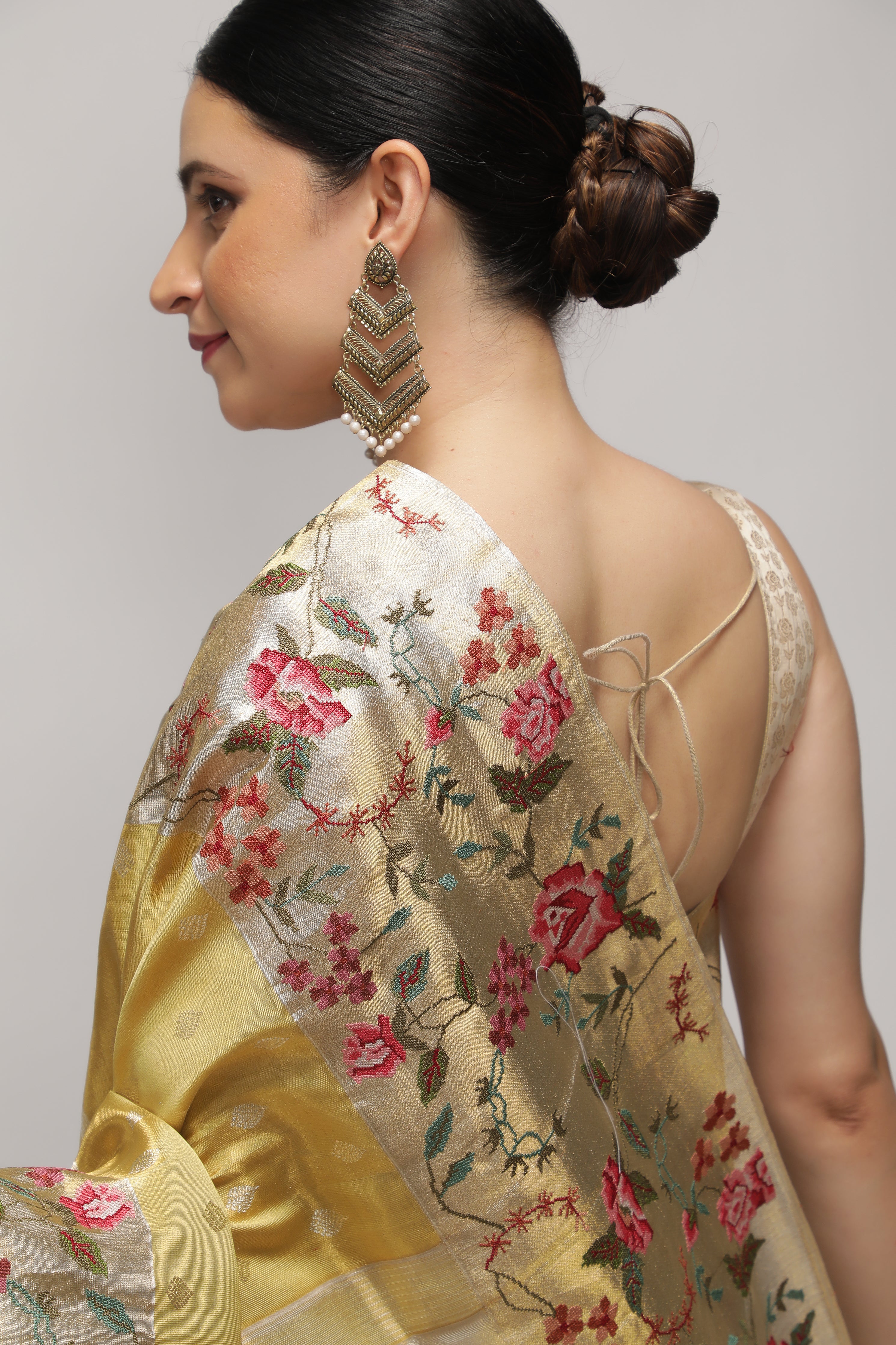 Mustard Yellow Kanchipuram Tissue Silk Saree with Zari Weaving and Contrast Embroidery Borde