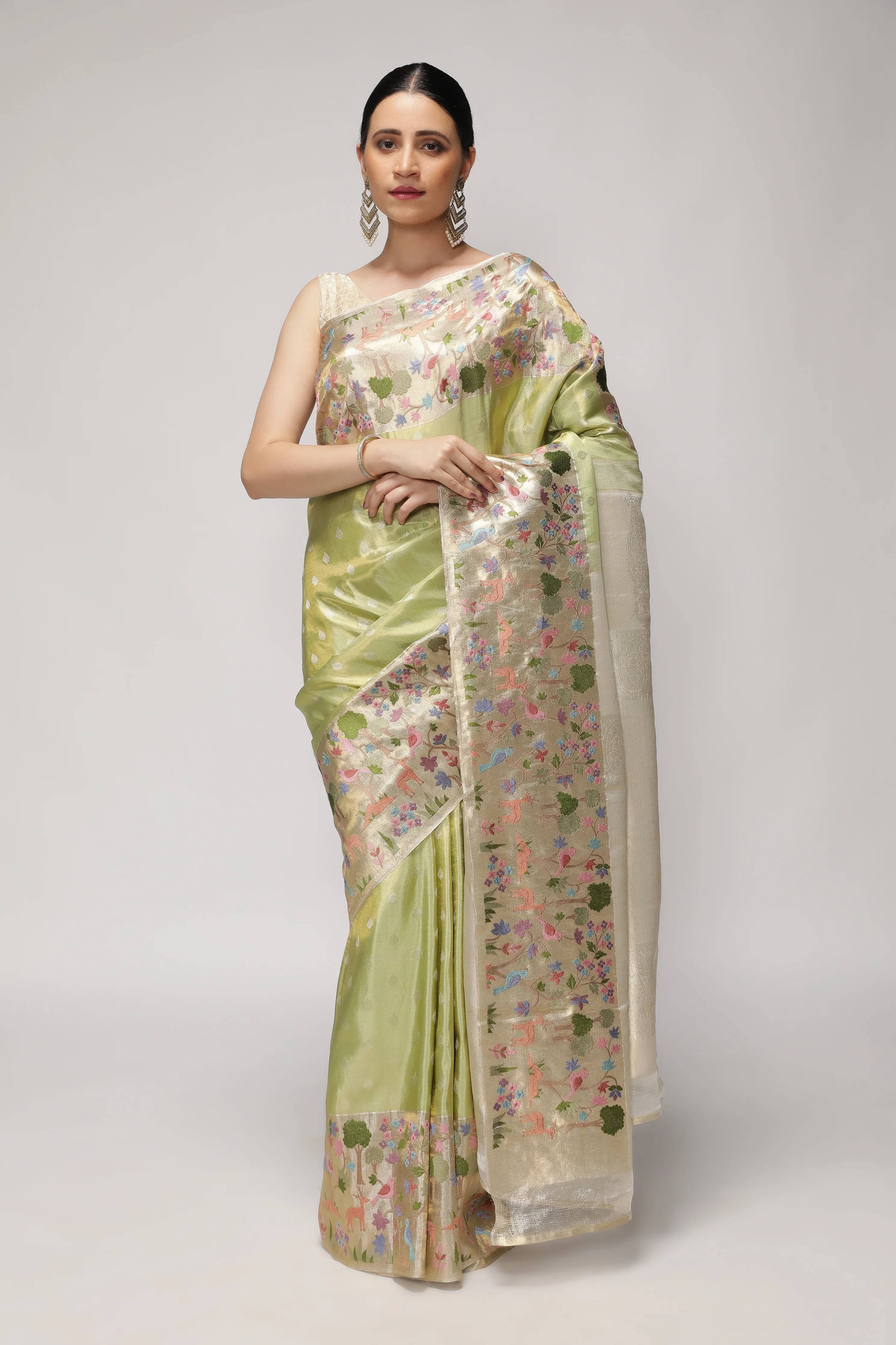 Green Kanchipuram Tissue Silk Saree with All-Over Zari Weaving and Contrast Embroidery Border | Mokshaa
