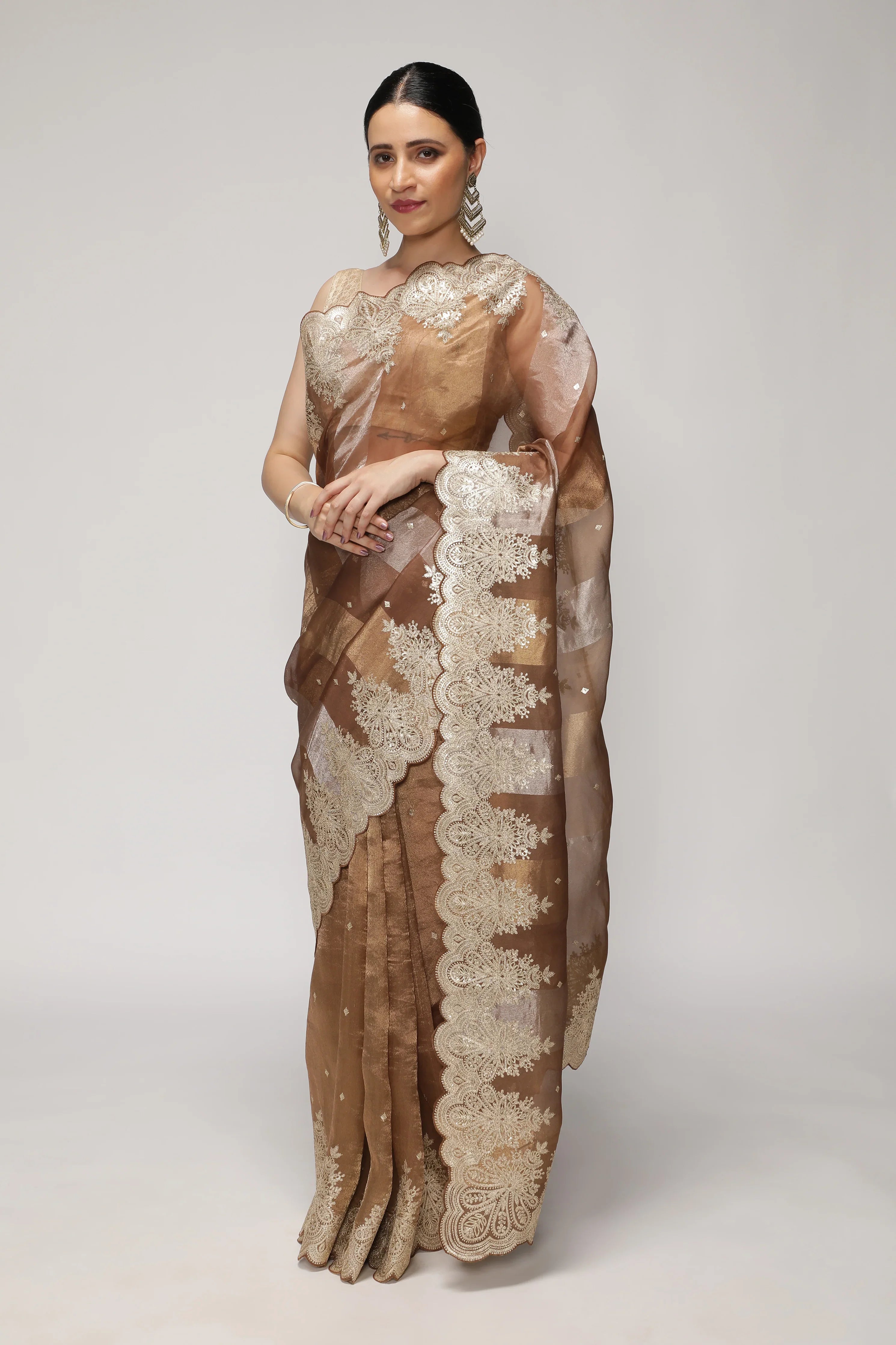 Brown Organza Saree with Zari Stripes, Sequins Highlights & Zari Embroidered Border - Mokshaa