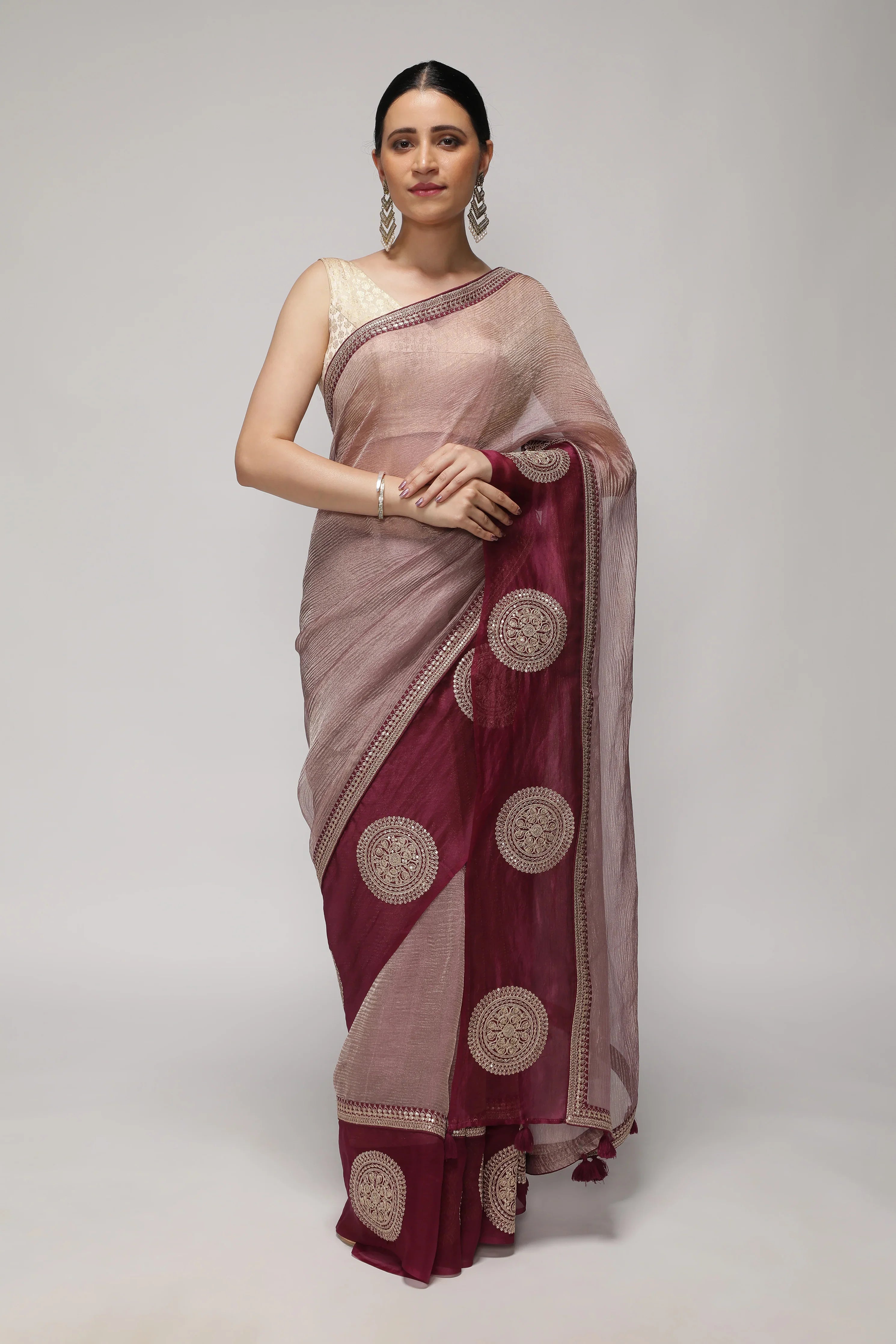 Light Plum Crush Saree with Zardosi Motif Border - Mokshaa