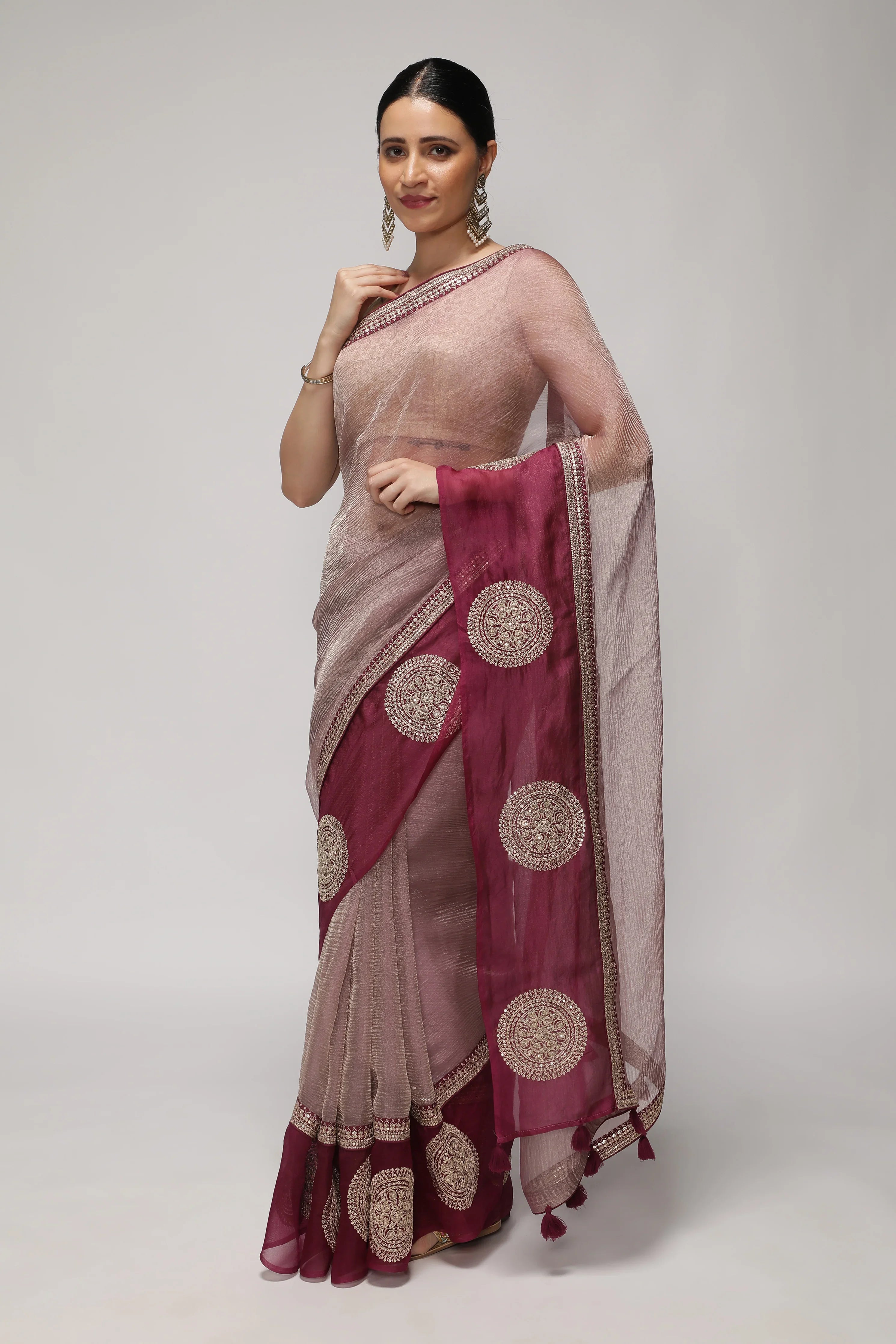 Light Plum Crush Saree with Zardosi Motif Border - Mokshaa