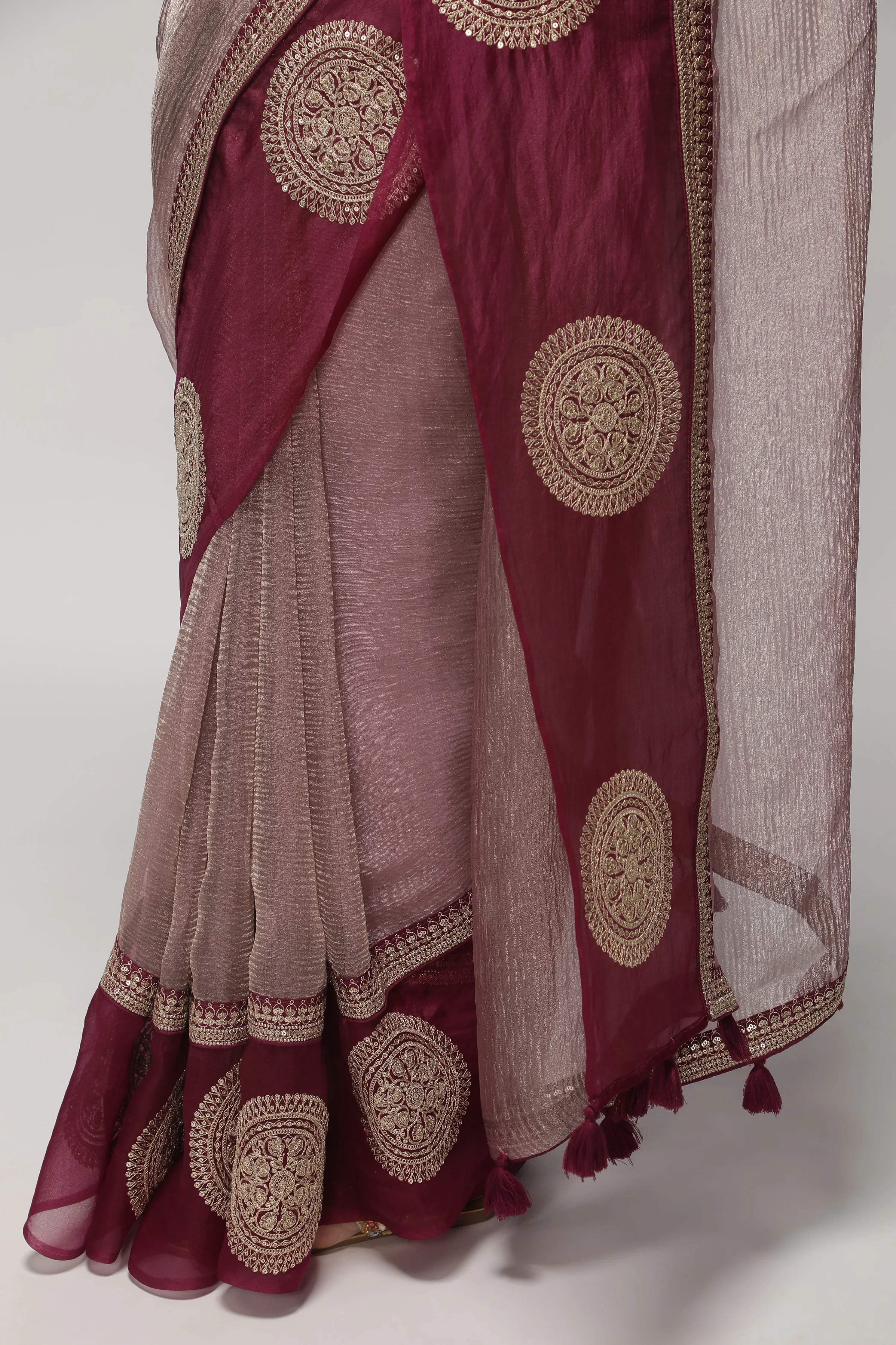 Light Plum Crush Saree with Zardosi Motif Border - Mokshaa