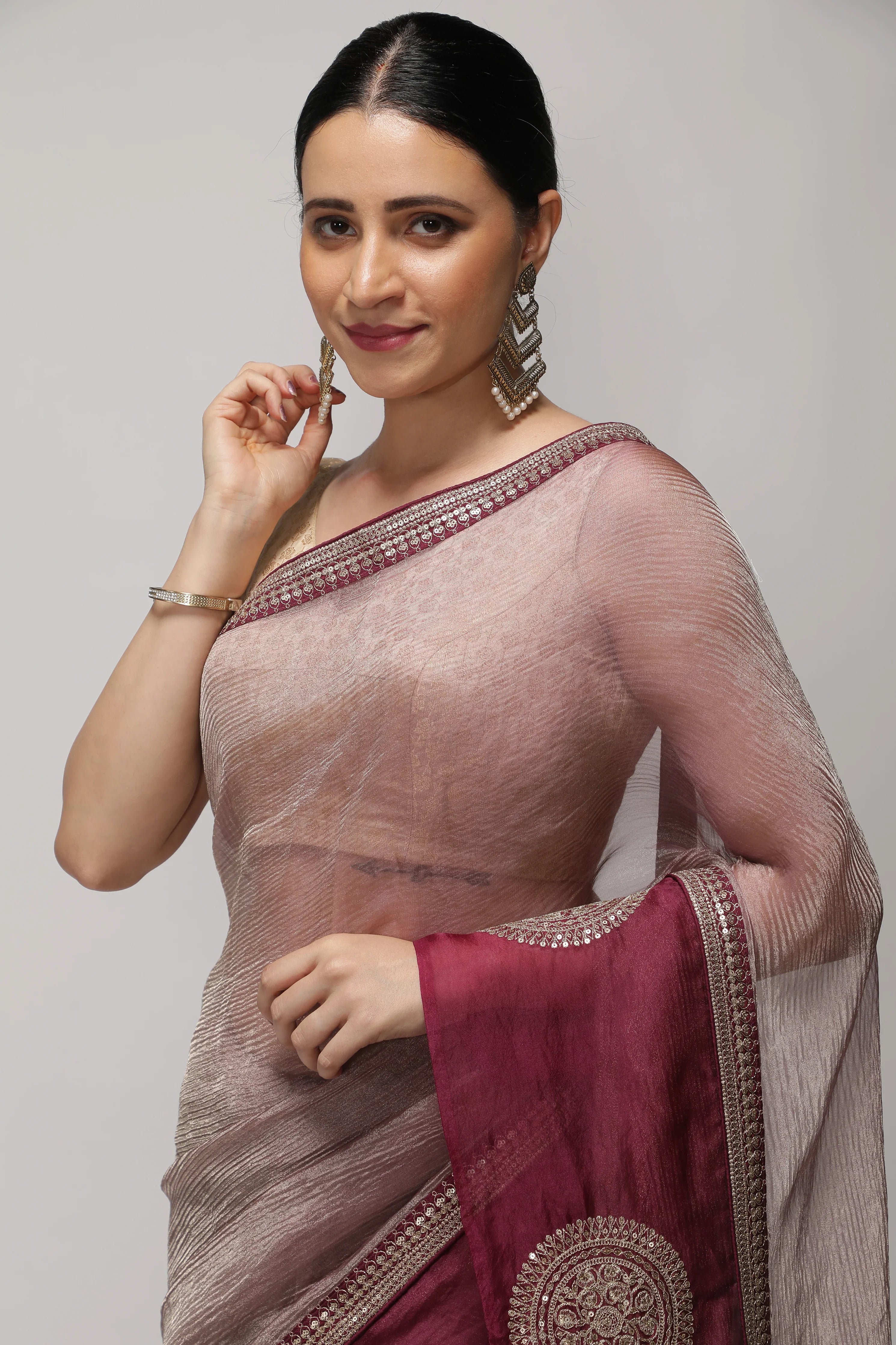 Light Plum Crush Saree with Zardosi Motif Border - Mokshaa