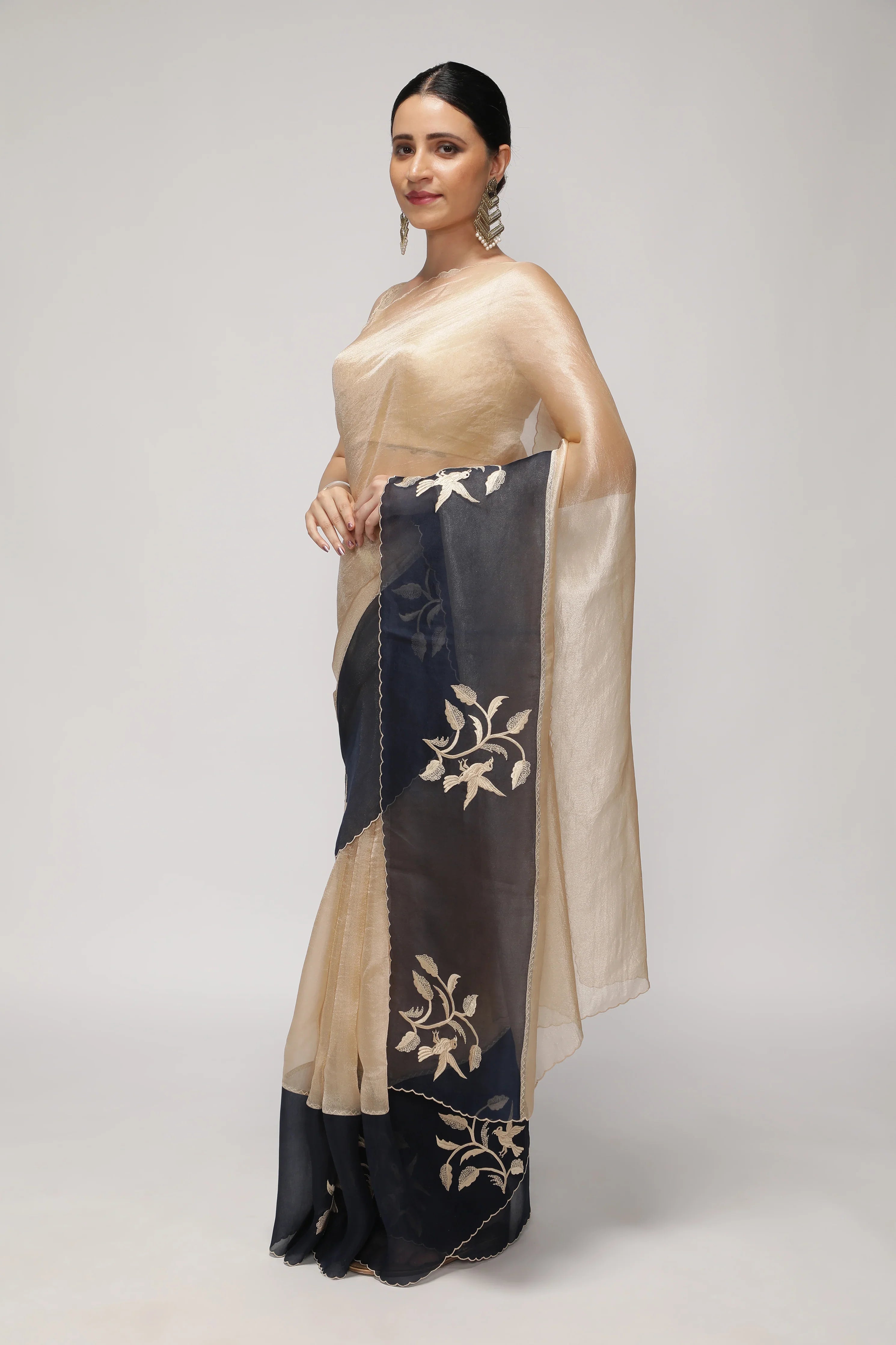 Ivory Tissue Saree with Contrast Blue Kora Thread Work Border - Mokshaa