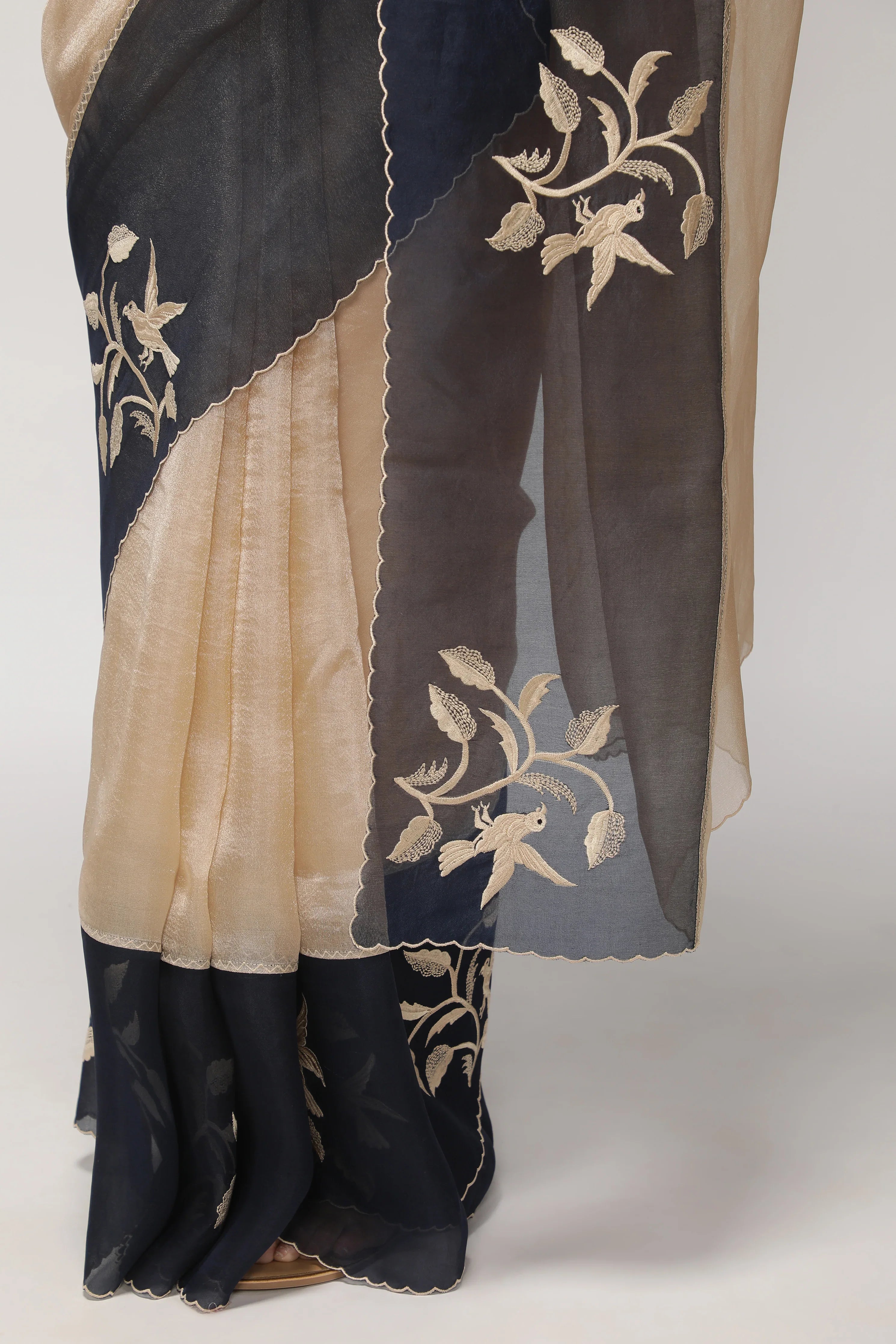 Ivory Tissue Saree with Contrast Blue Kora Thread Work Border - Mokshaa