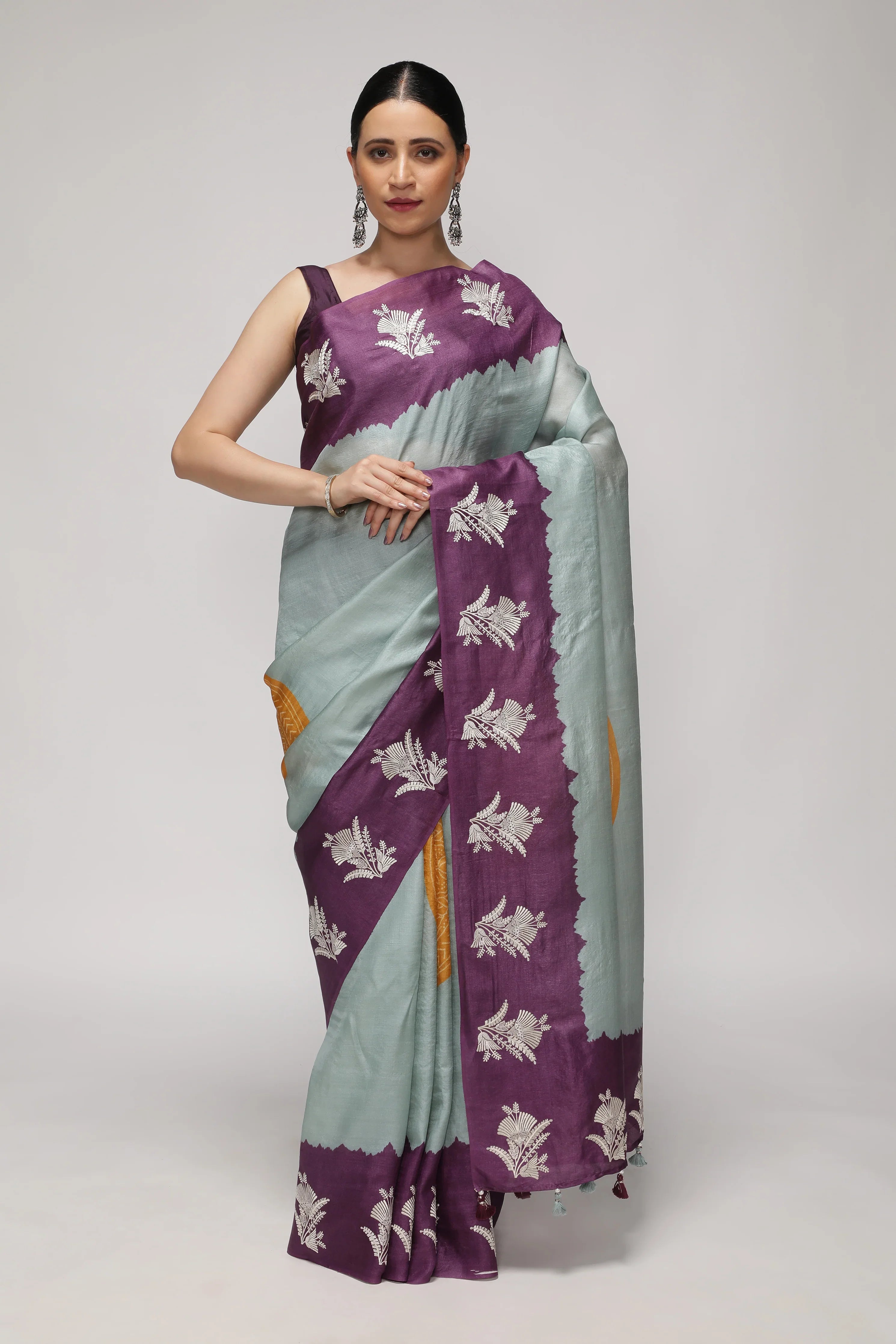 Powder Blue Tussar Saree with Purple Bandhani Print & Contrast Thread Embroidery Border | Mokshaa