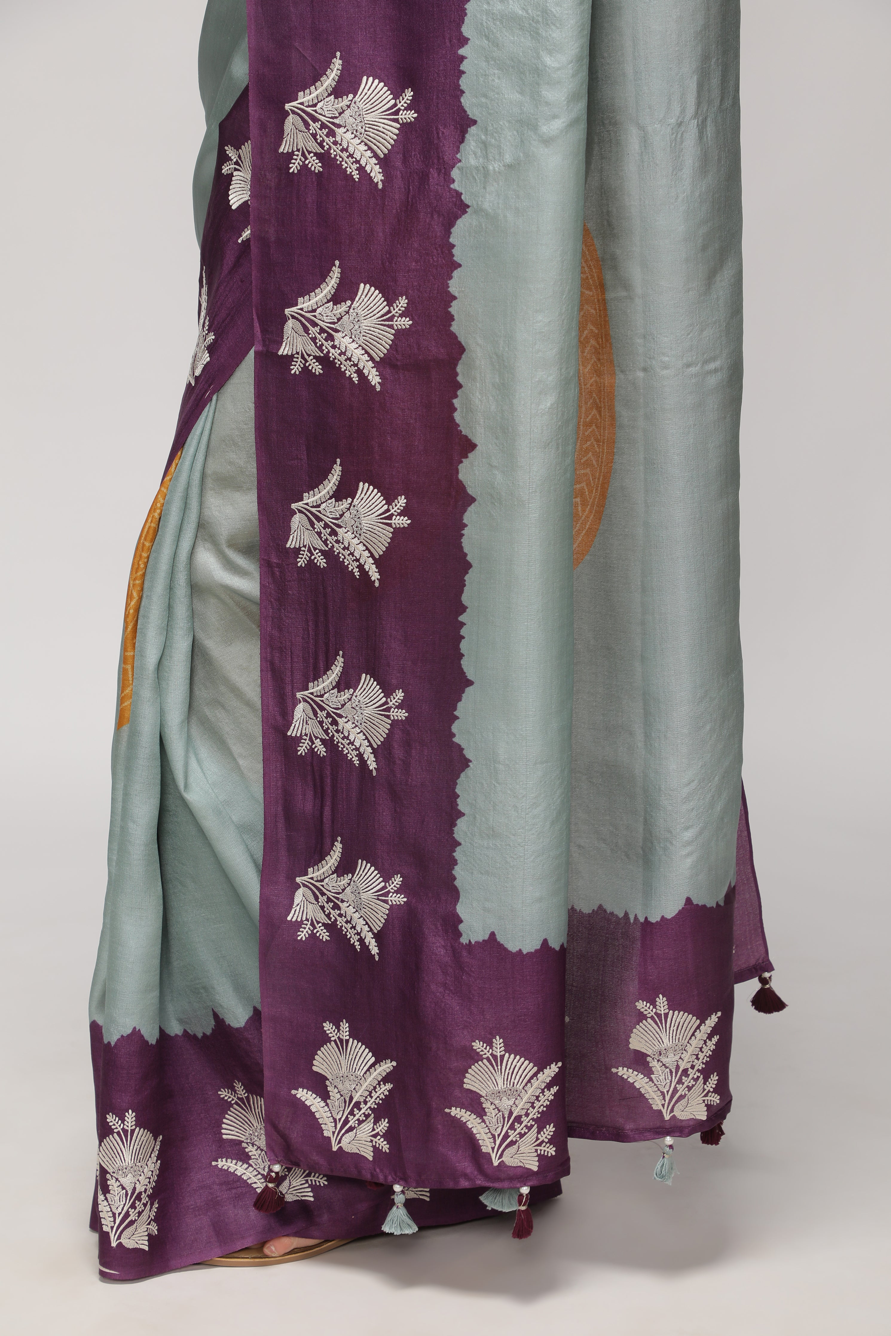 Powder Blue Tussar Saree with Purple Bandhani Print & Contrast Thread Embroidery Border