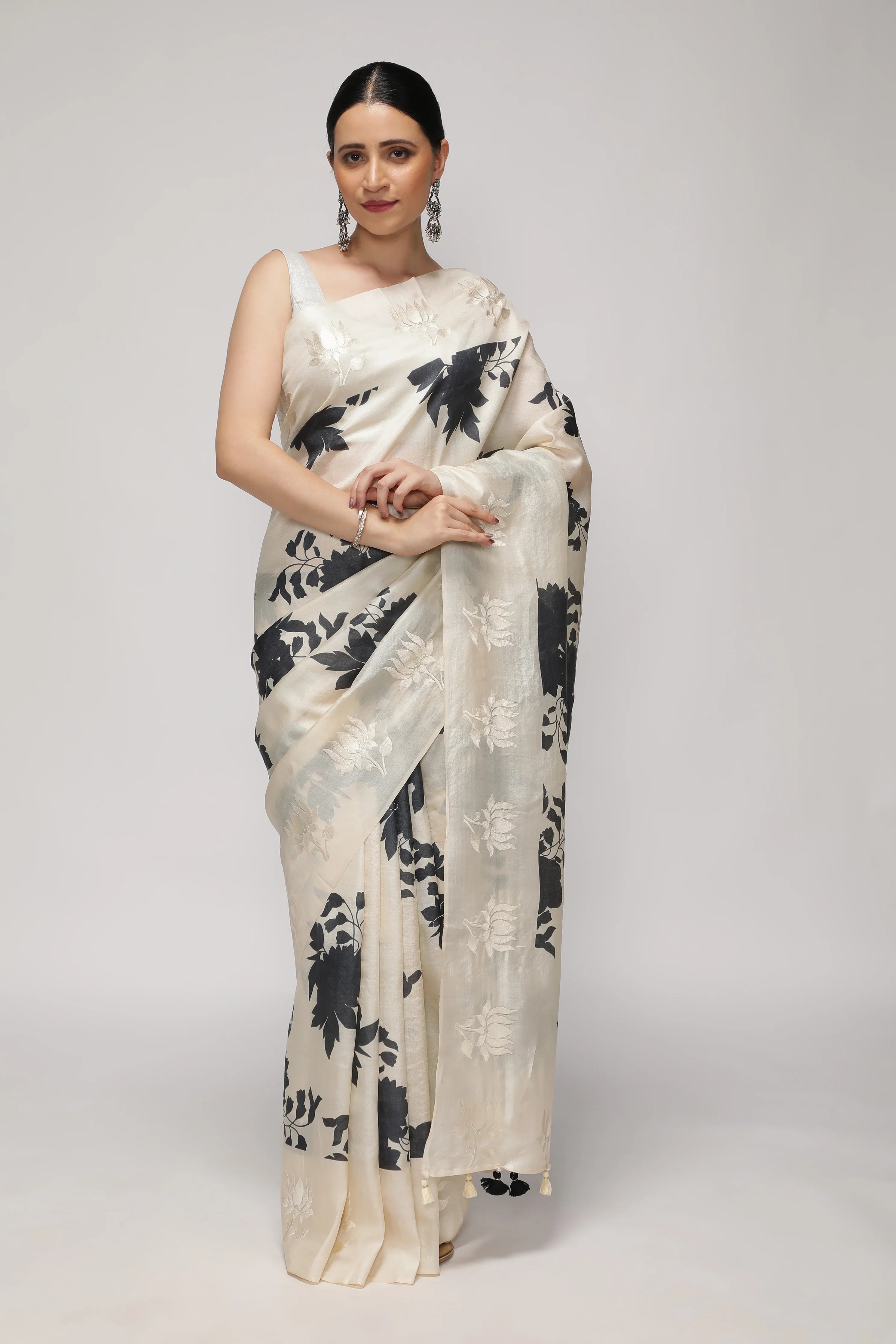Off White Tussar Saree with All-Over Floral Print & Contrast White Thread Work Border | Mokshaa
