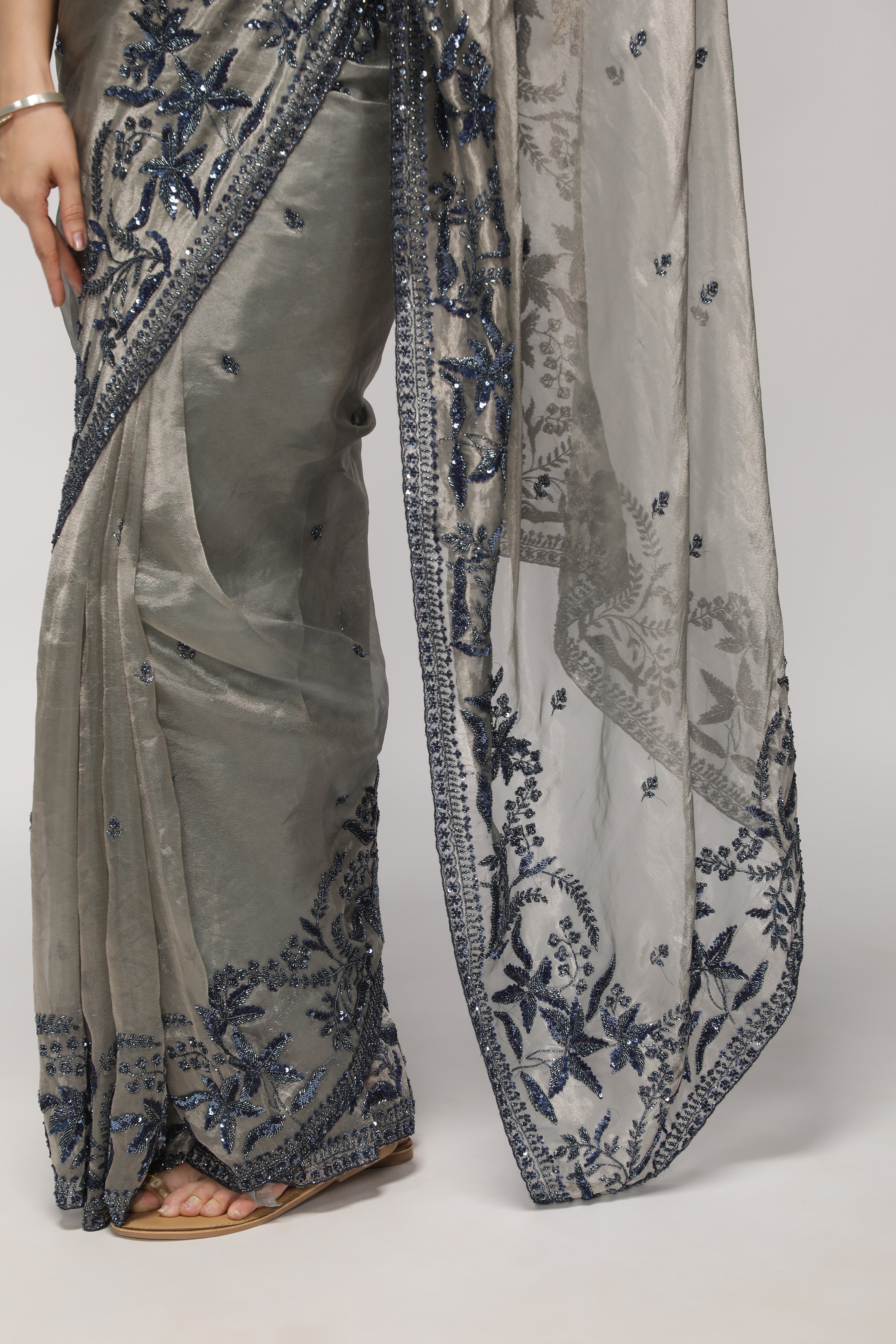 Muted Silver Tissue Saree with Blue Sequin & Bead Embroidery