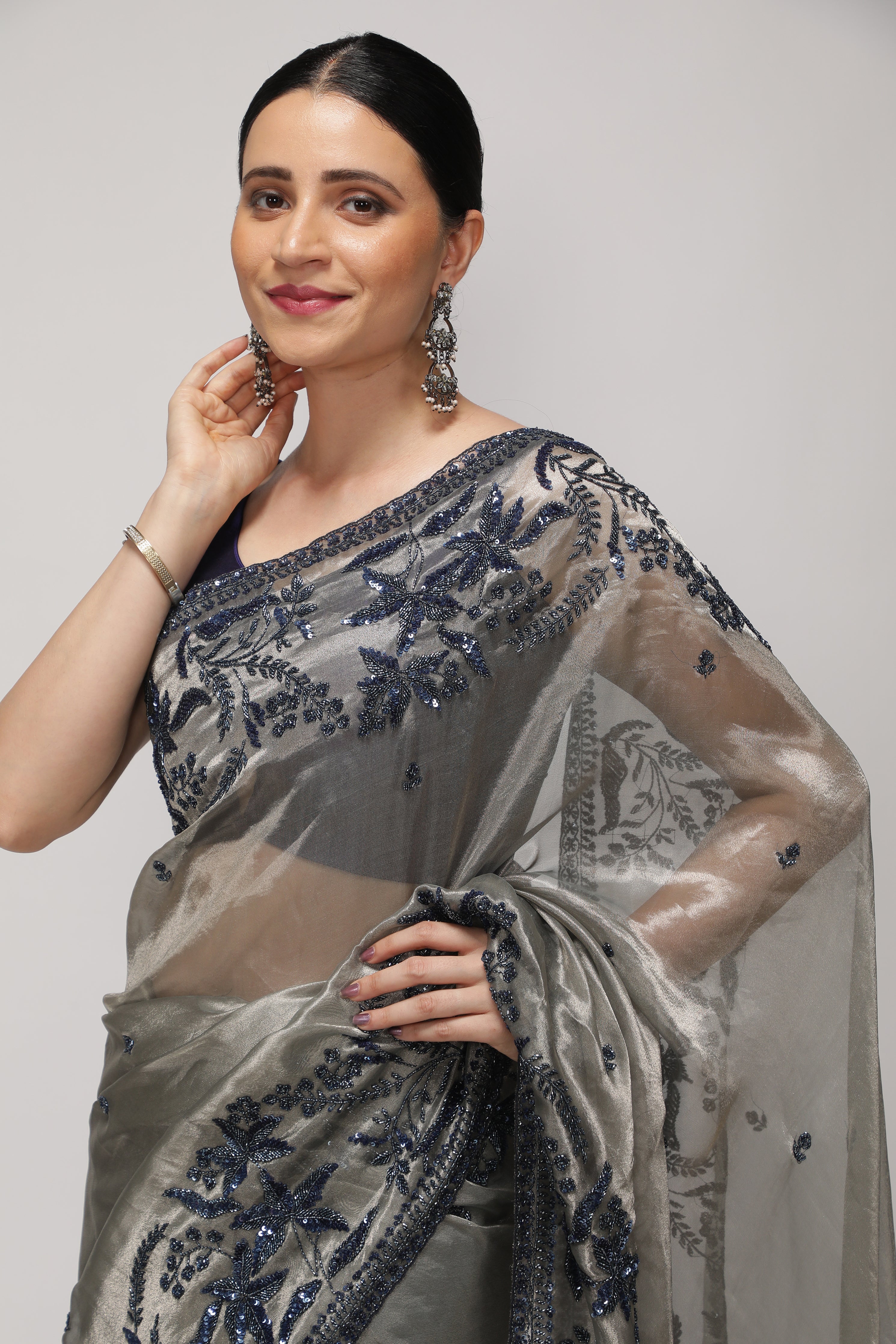 Muted Silver Tissue Saree with Blue Sequin & Bead Embroidery