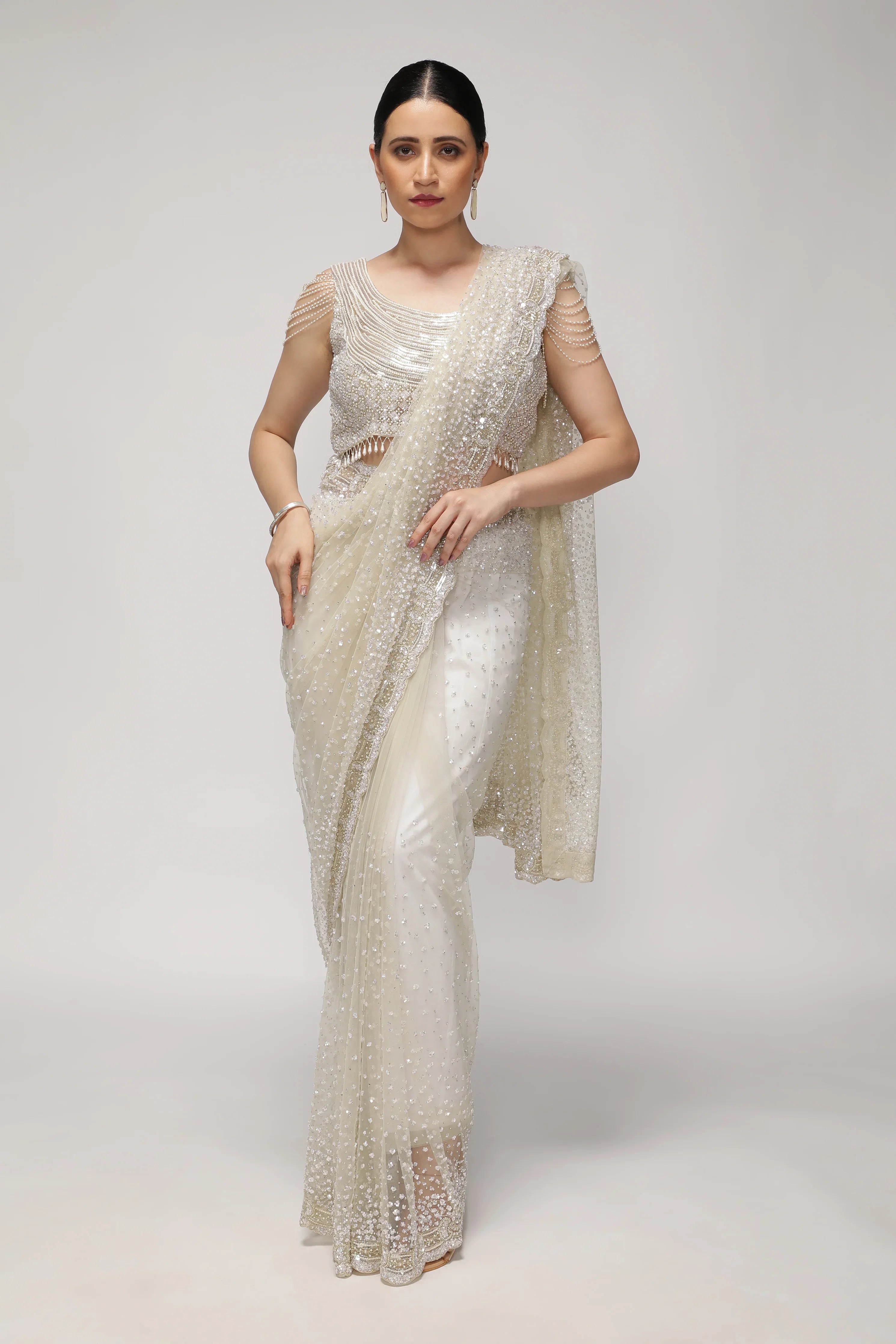 White Net Saree with All-Over Sequin & Pearl Scallop Border | Mokshaa