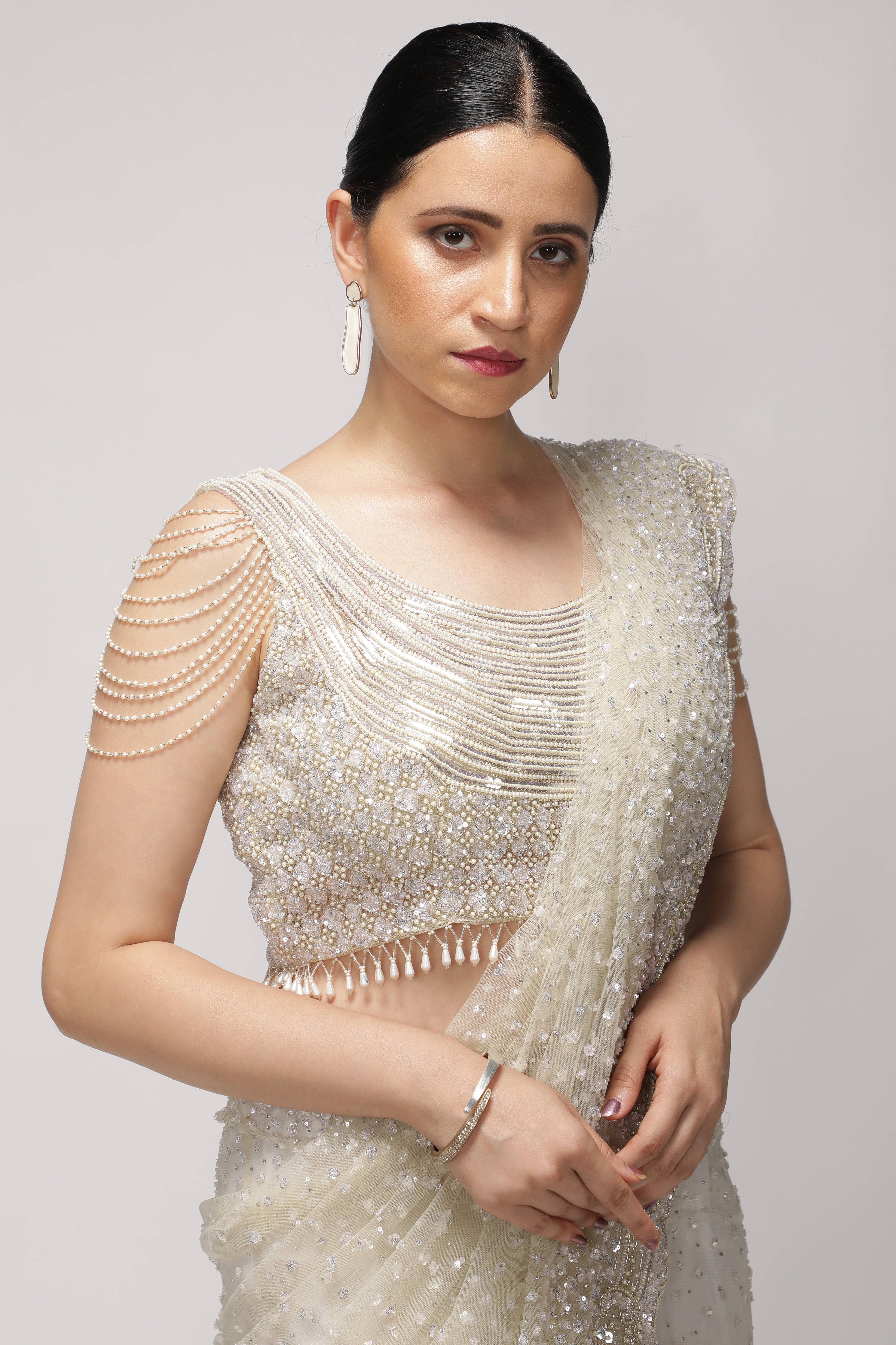 White Net Saree with All-Over Sequin & Pearl Scallop Border