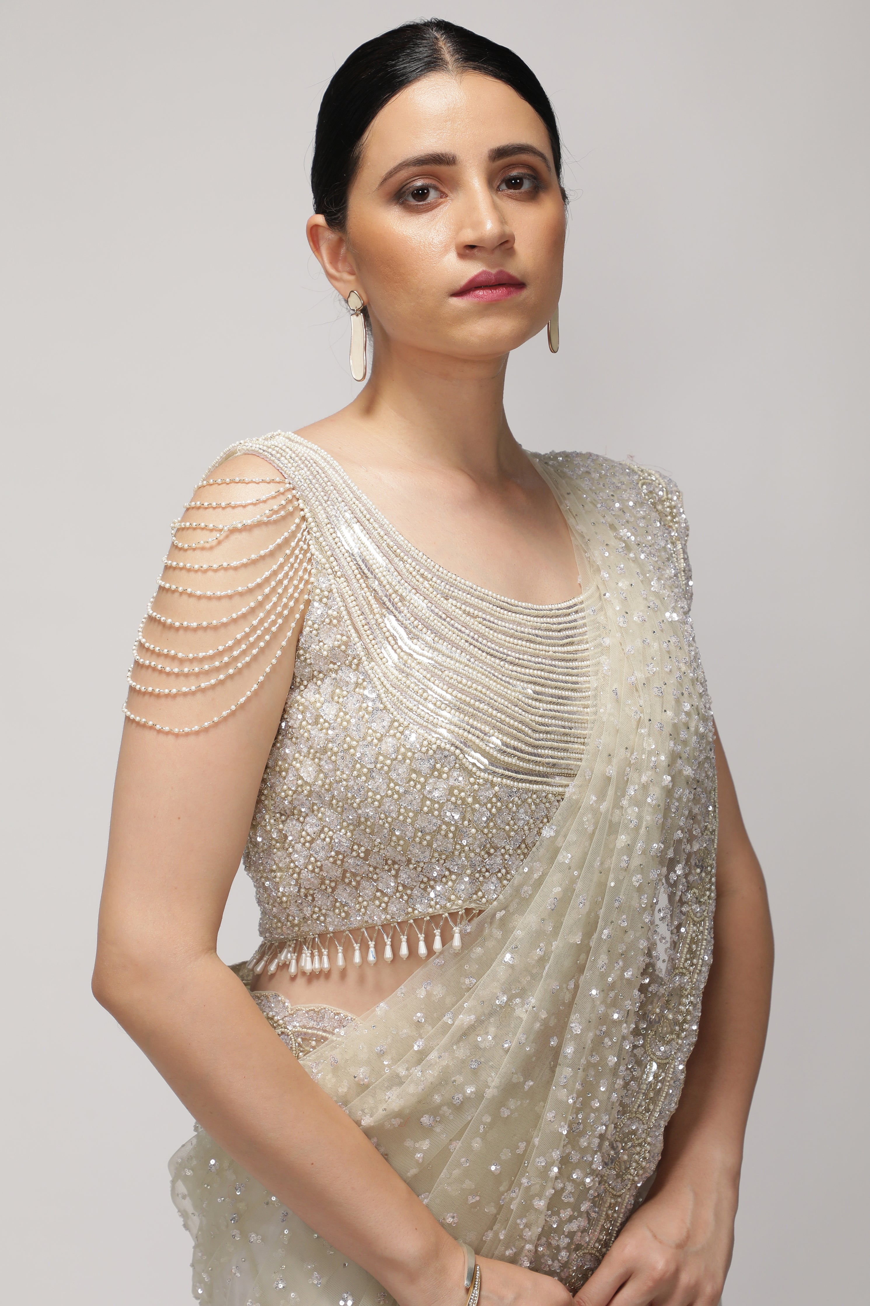 White Net Saree with All-Over Sequin & Pearl Scallop Border