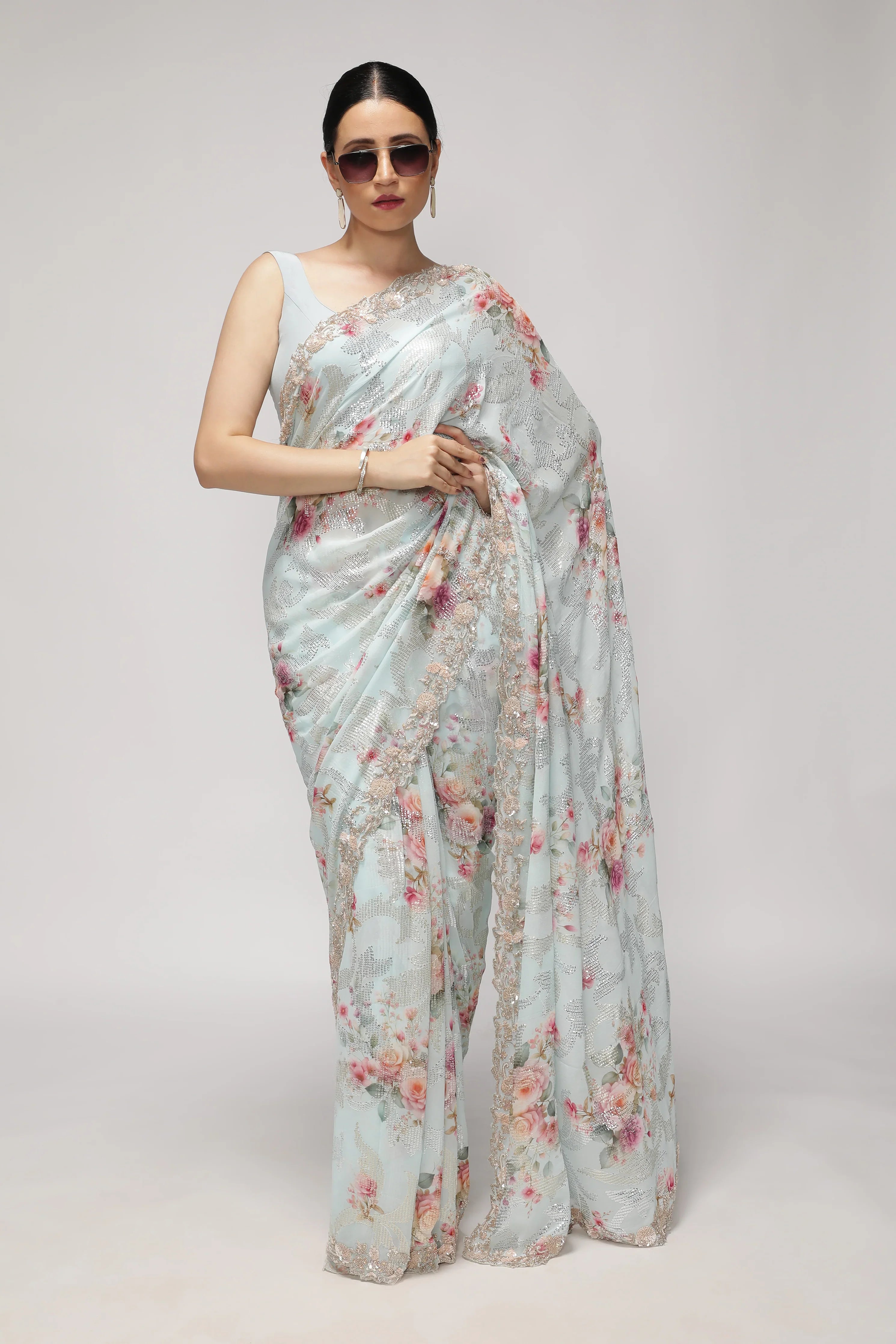 Sky Blue Georgette Saree with All-Over Print, Sequins & Scallop Border | Mokshaa